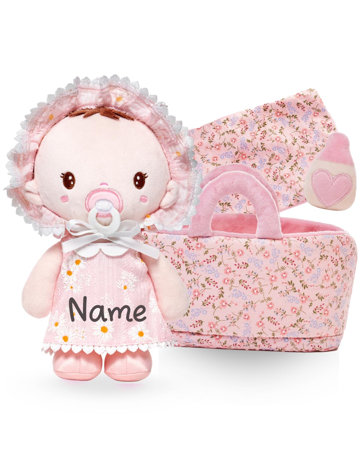LeyaDoll Soft Baby Doll Set for Toddlers - Personalized Plush Doll Toys with Bassinet, Blanket and Bottle, First Baby Doll Accessories (9'') for Girls Pretend Play and Sleeping Cuddle - Daisy Baby