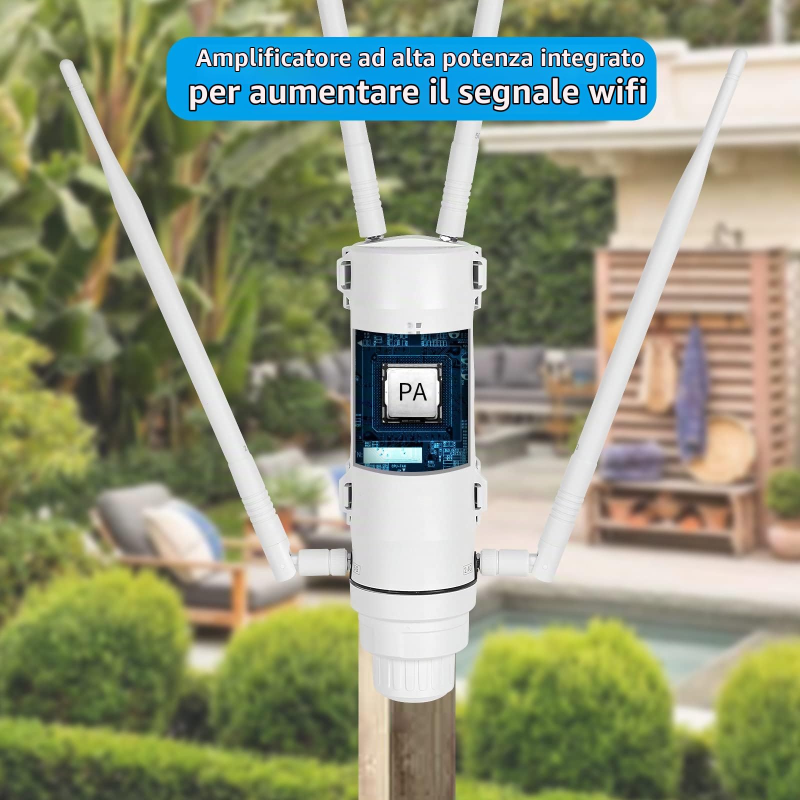 Ripetitore WiFi da Esterno AC1200 Dual Band 2.4/5GHz WiFi Extender Esterno con PoE IP65 4 Antenne 7dBi Access Point WiFi Amplificatore WiFi Potente per Giardino Garage Terrazza
