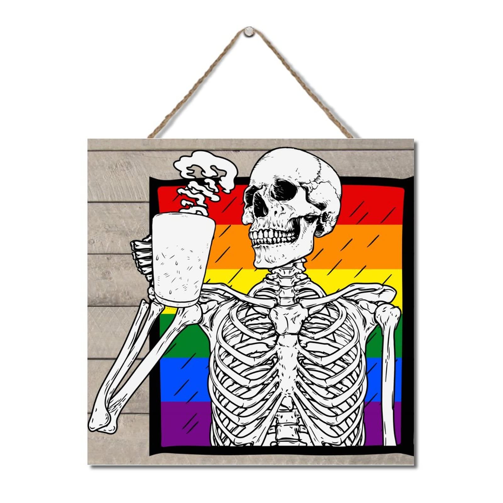 Wodevor Style-3 Wood Sign Coffee Drinking Lgbt Skull Personalized Door Sign Home Wall Art Decor Wood Plaque Sign Lgbt Pride Rainbow Farmhouse Entryway Signs Hanging Wood Sign Wooden Wall Decor 12X12in