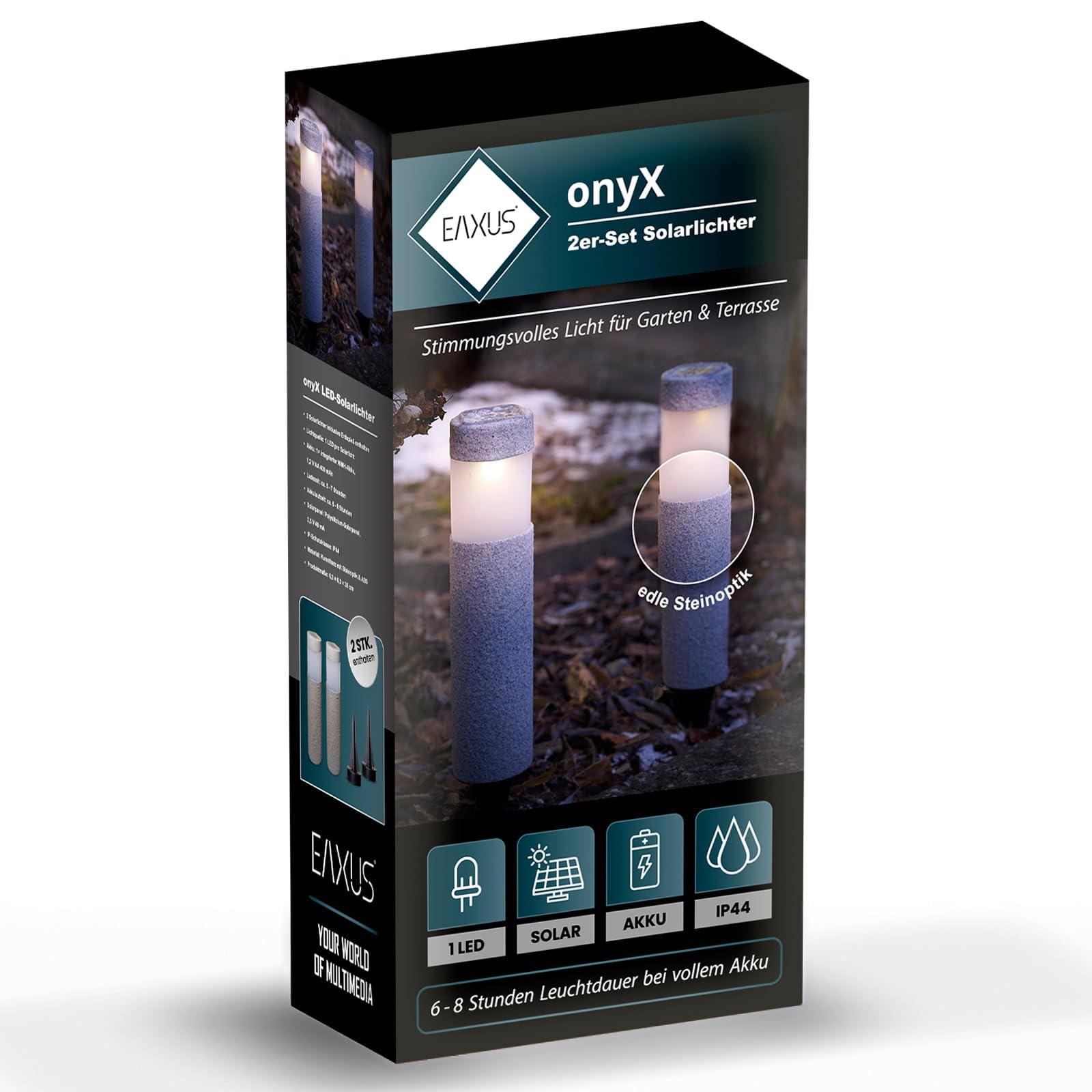Eaxus Solarlichter onyX 12er-Set | LED Gartenleuchten mit Echtstein-Oberfläche | Wegeleuchten mit Erdspieß | Wetterfest | für Garten, Balkon & Terrasse | Grau