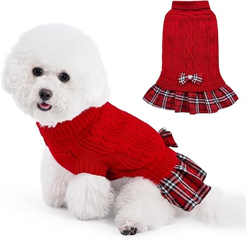 YUDODO Vestido suéter para perros pequeños con corbatín de cuello alto, vestido de punto para perro, ropa de invierno para mascotas, suéter cálido