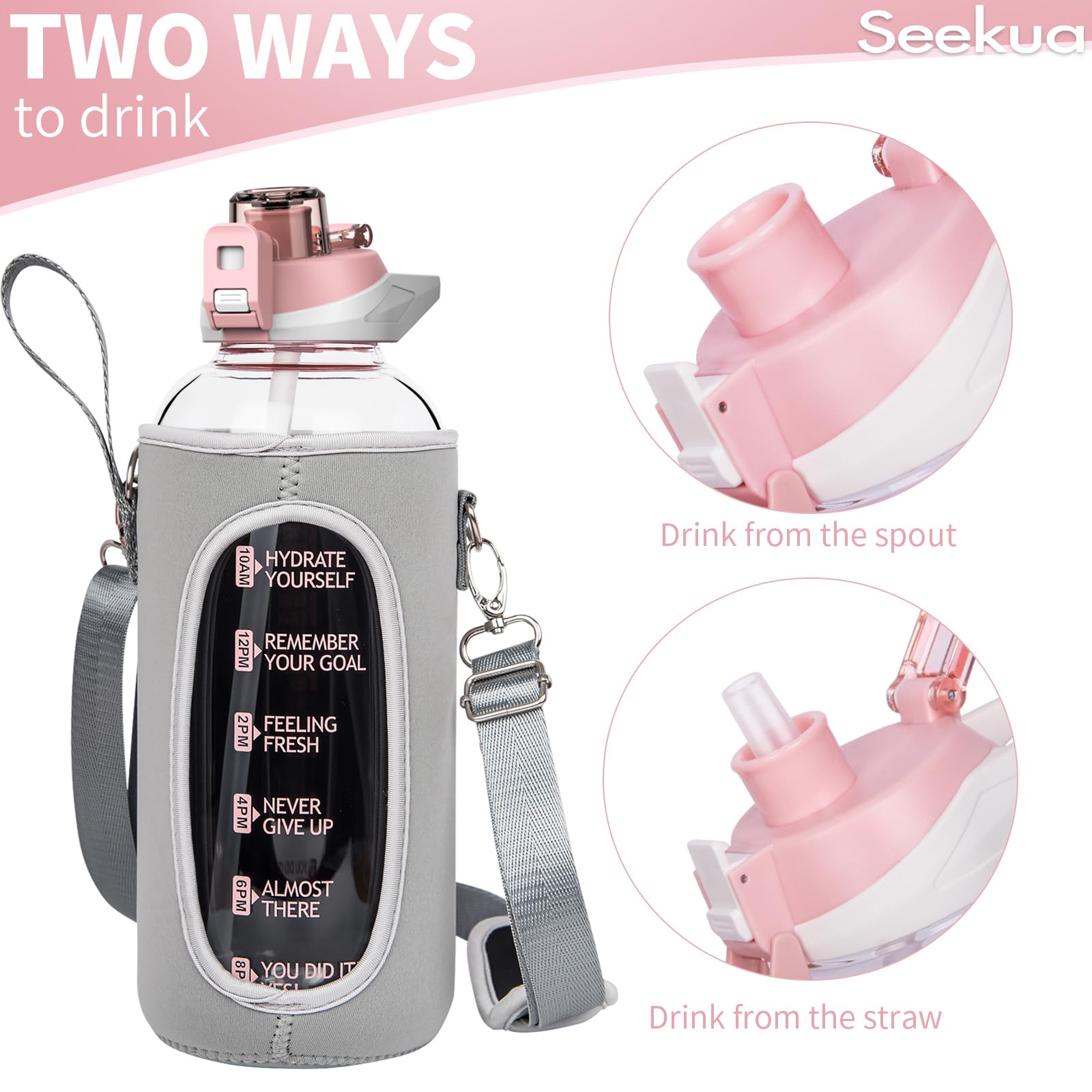 Grande bouteille d'eau de sport en verre de 1,4 l avec paille et marqueur de temps, bouteille de motivation quotidienne en verre avec sangle pour eau infusée aux fruits, smoothie, café