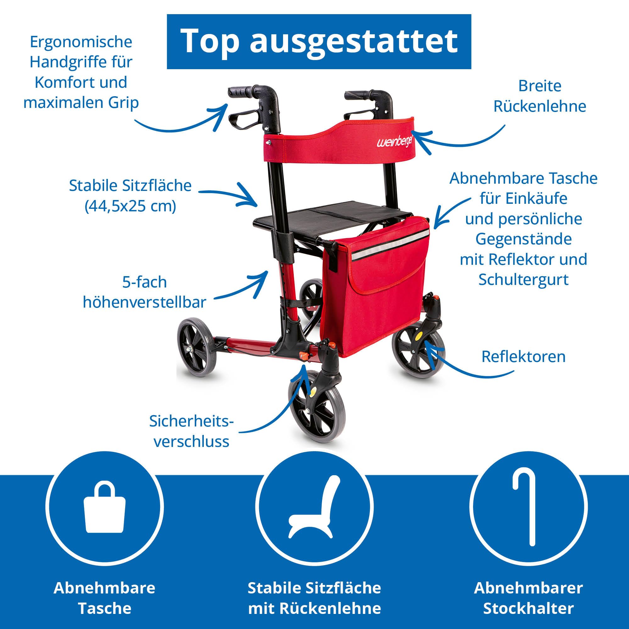 Weinberger Andador plegable de aluminio ligero todo incluido con bolsa de soporte de bastón, frenos, peso ligero de solo 7,3 kg, altura regulable, andador de viaje, color rojo