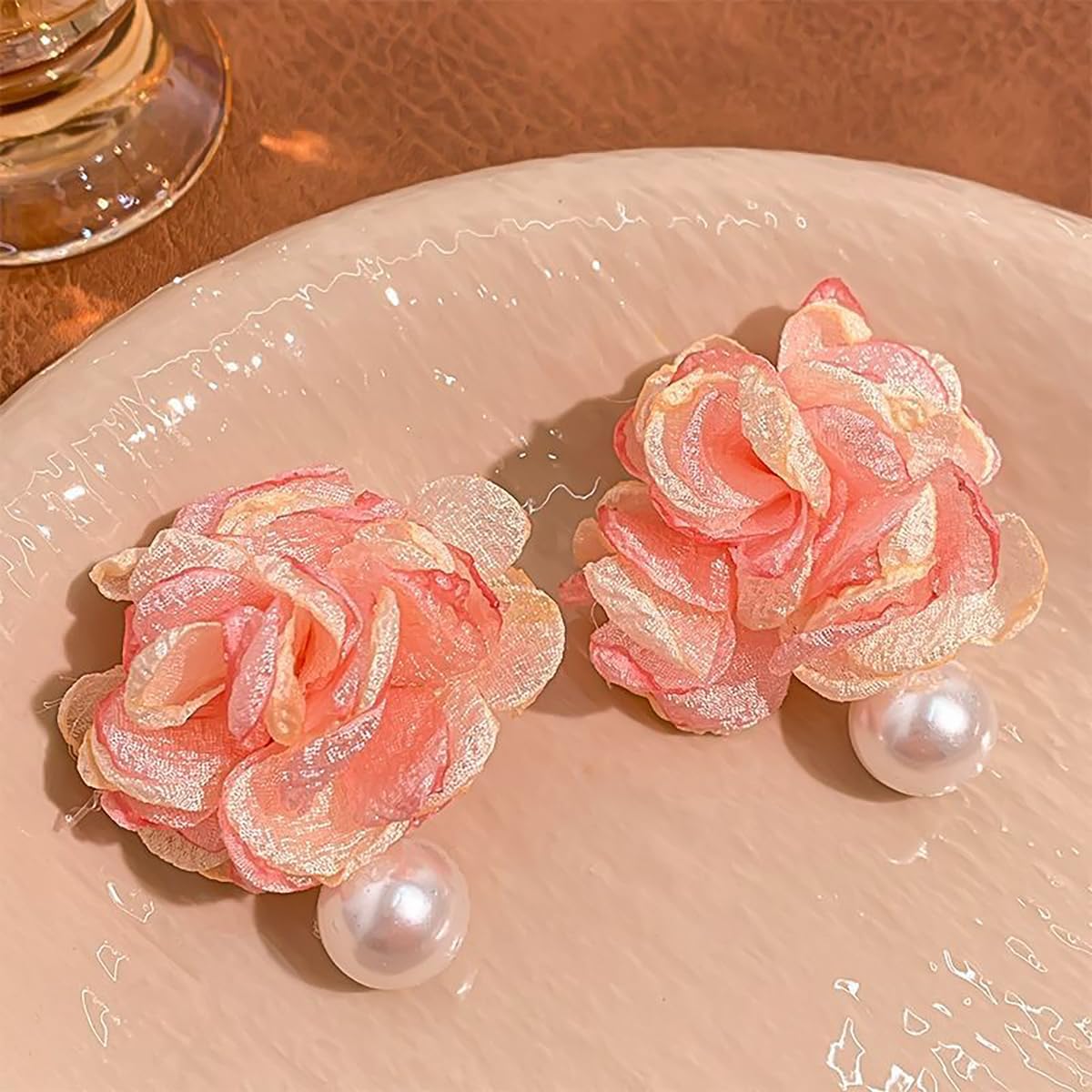 Pink Flower Earrings for Women Boho Big Fabric Chiffon Floral Drop Earrings Pink Rose Pearl Tassel Statement Ear Clip Handmade Charm Chic Petal Earrings Dainty Wedding Jewelry Gifts - Image 7