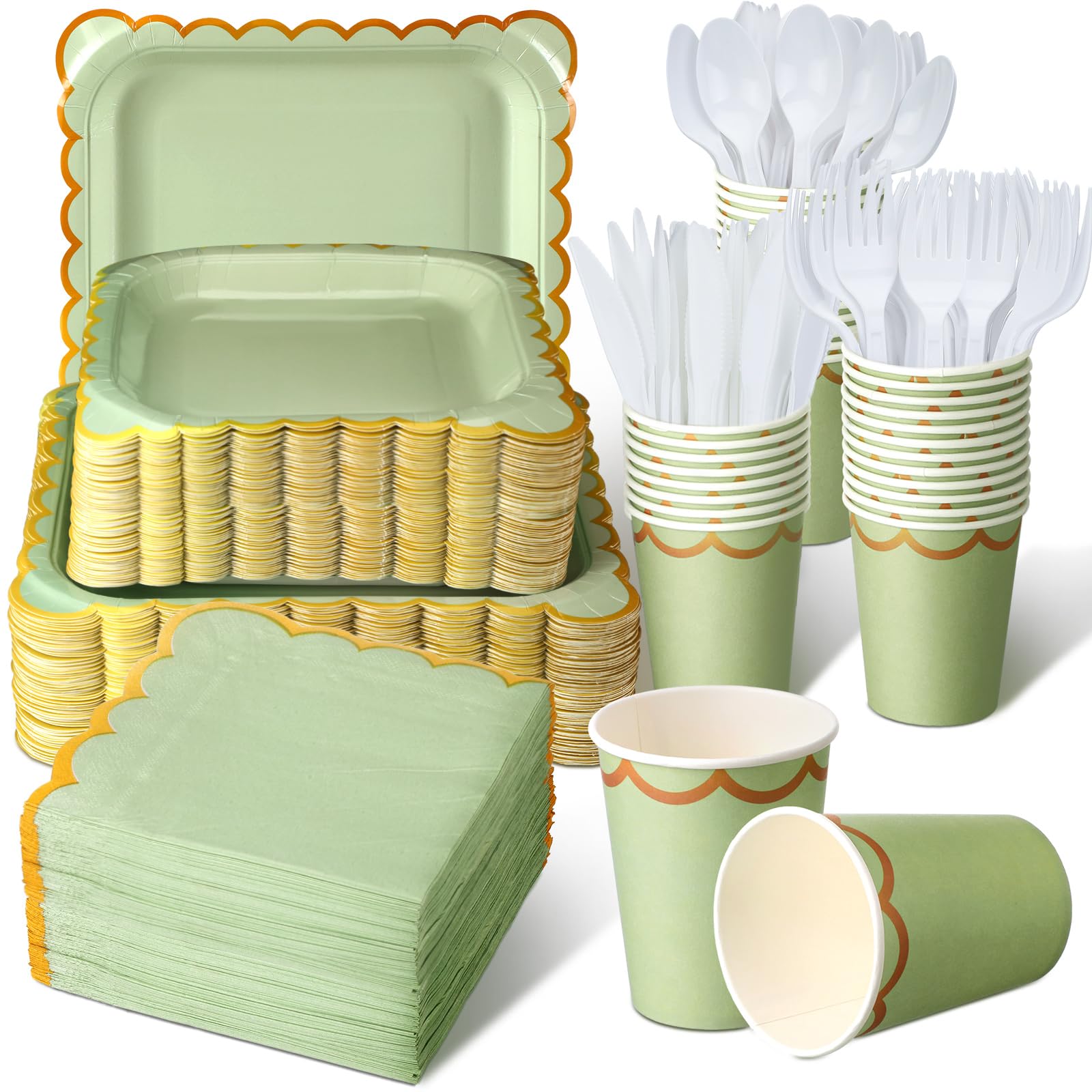 Tioncy 400 Pcs Sage Green Party Supplies Disposable Plates and Napkins Sets Green Disposable Dinner Plates Napkins and Forks Bridal Shower Plates Party Decorations for Birthday Baby Shower Wedding