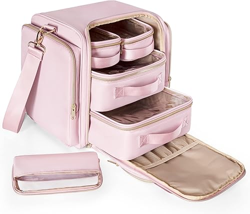 Prokva Bolsa de maquillaje de viaje con 5 fundas extraíbles, estuche grande para cosméticos, organizador de maquillaje con correa y múltiples