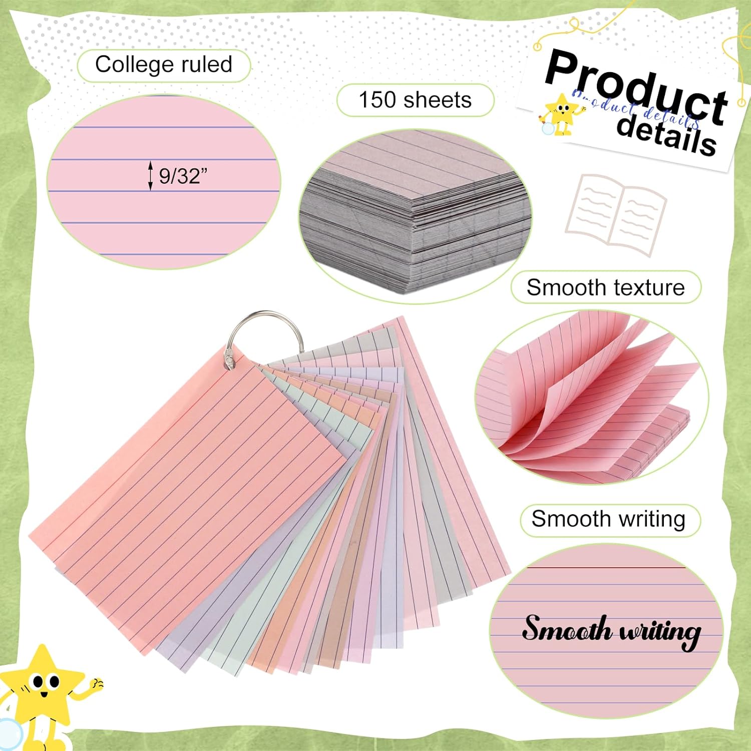12 Pack Colored Index Cards with Key Ring 3 x 5 Inch 1800 Count Portable Flash Cards College Ruled Lined Flashcards Notepad Aesthetic Notecards for Note Taking Learning Office (Pastel Color)