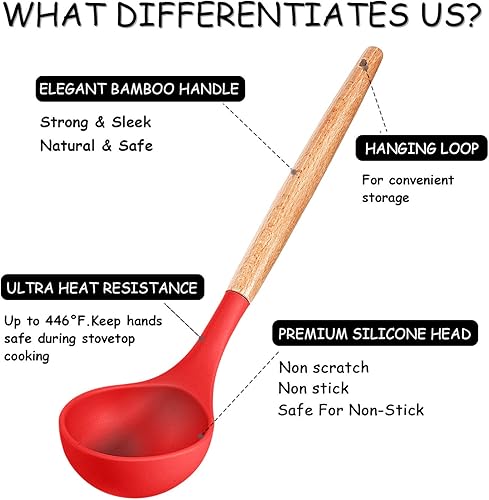 Miniatura 10 de MIBOTE Juego de utensilios de cocina de silicona de 17 piezas con soporte asas de madera pinzas de silicona giratorias espátula cuchara utensilios