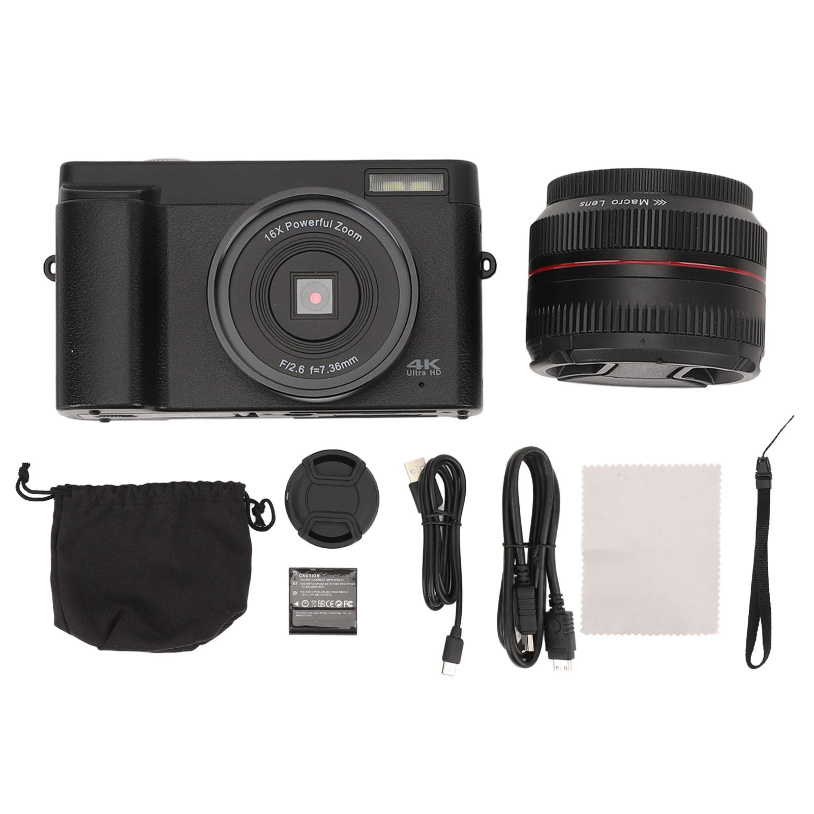 Fotocamera Digitale 4K, Fotocamera Digitale Compatta HD, Zoom 16X con Messa a Fuoco Automatica, Schermo Ribaltabile da 3 Pollici, Flash Integrato, Supporto Luce LED
