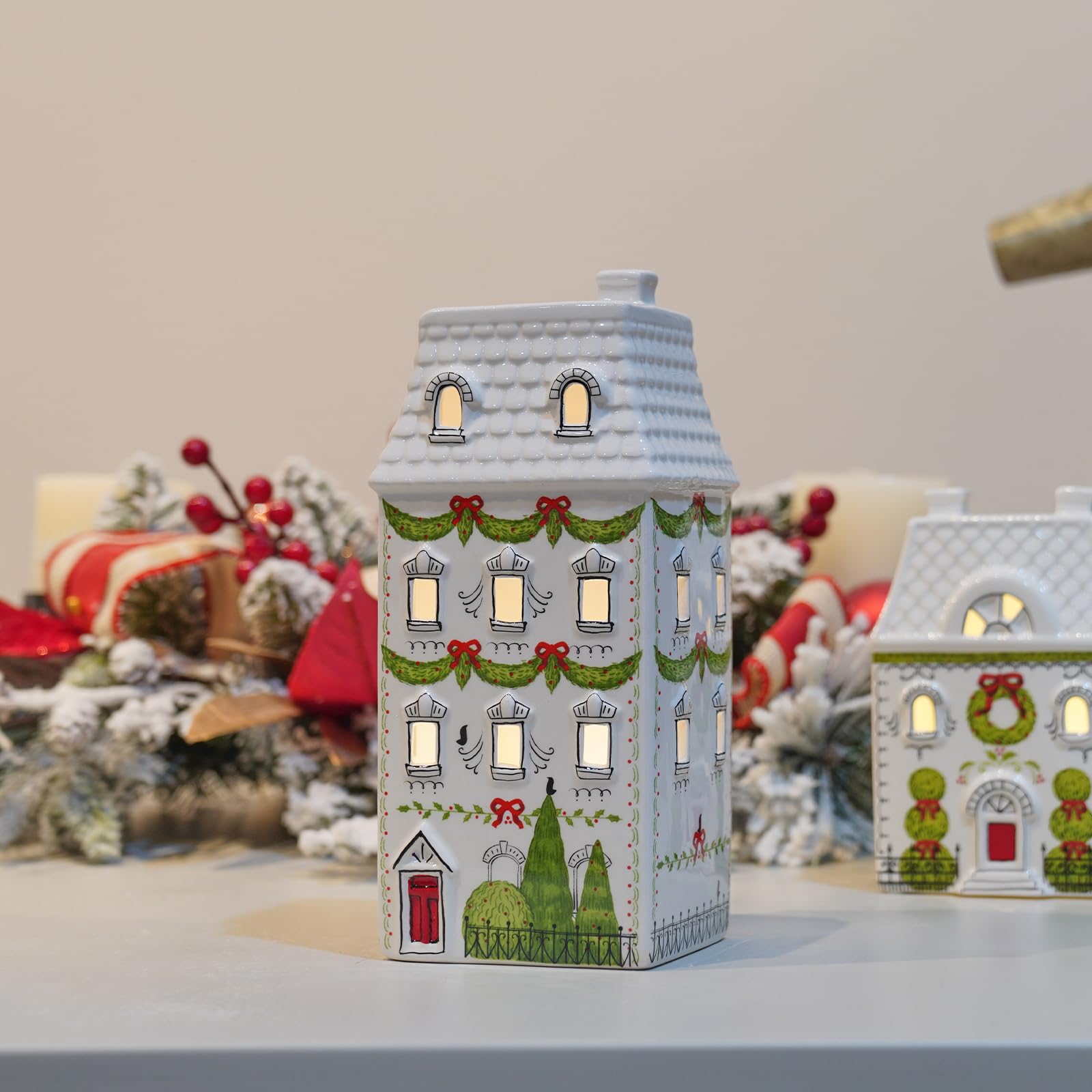 Cynkeyee Weihnachtsdorfhäuser, Party-Dekorationen, Weihnachtshaus-Dekoration, weiße Keramik-Dekorationen, Innenregal, Tischdekoration, 10,2 x 8,9 x 21,6 cm