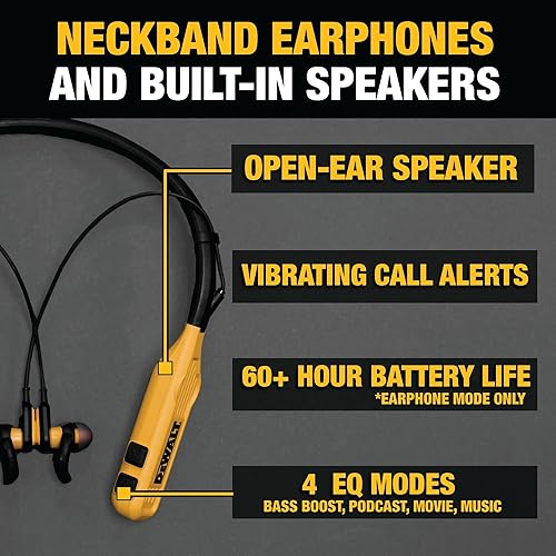 Miniatura 2 de DEWALT Auriculares de cuello Bluetooth 2-en-1 de alta resistencia con altavoces incorporados, altavoz portátil para el lugar de trabajo y