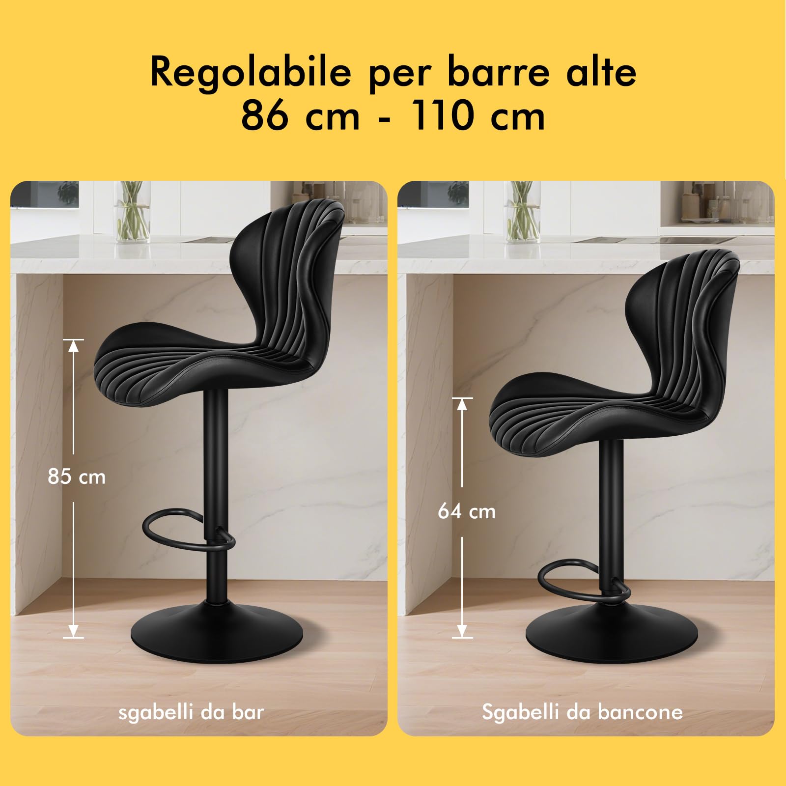 ALFORDSON Sgabello da bar, 2 pezzi, regolabile in altezza, per cucina, bar, sala da pranzo, girevole, altezza seduta 59-81 cm, Pelle PU, Nero