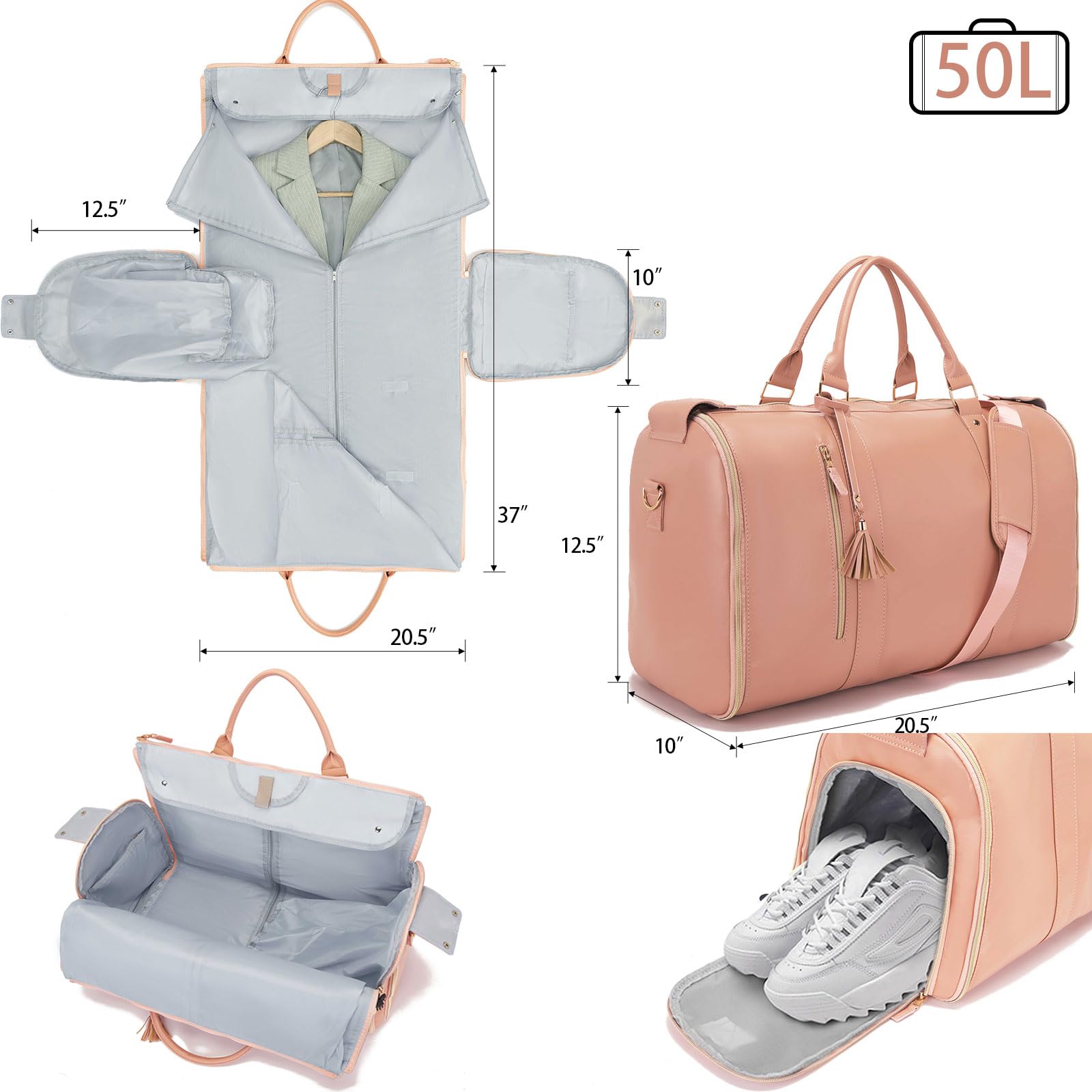 Borsa porta abiti pieghevole 3 in 1 per viaggi, borsone da viaggio in pelle di grande capacità con custodia per scarpe, convertibile da appendere per abiti da fine settimana, grande borsa da viaggio