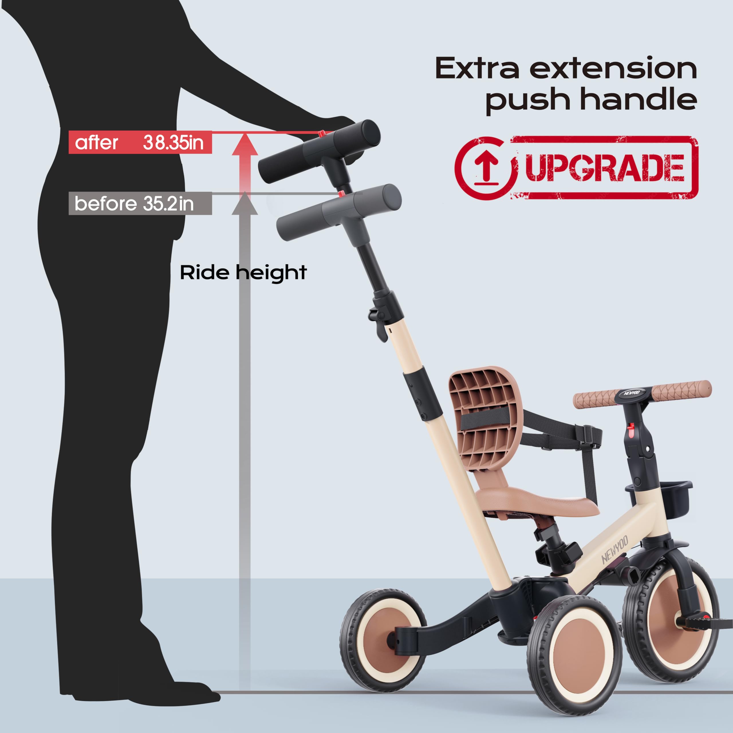 newyoo Triciclo per Bambini 1-3 Anni con Manico di Spinta, Bicicletta per Bambini, Regalo e Giocattolo per Bambini e Bambine, Triciclo 5 in 1 con Schienale e Cintura di Sicurezza, Kaki, TR007