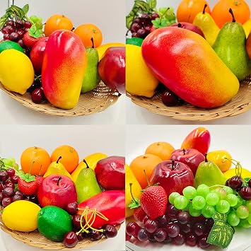 Laiiqi 17 Pcs Fake Fruit, Simulation Fruit Props for Photography, Display, Lifelike Realistic Artificial Fake Fruits Home Decor Craft Fruit Set Fake Lemon Fake Grape Strawberry
