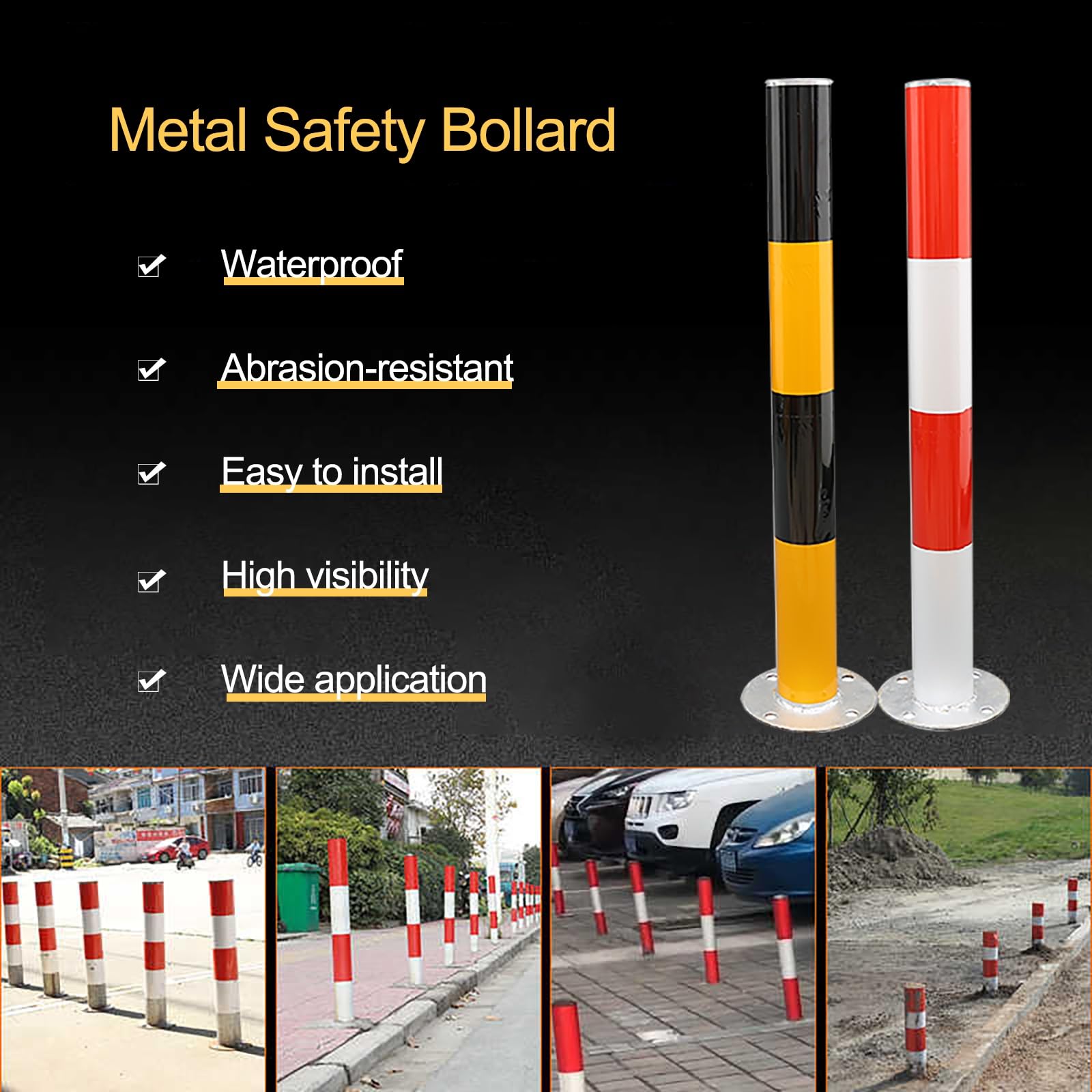 Borne de sécurité en métal Robuste avec Bandes réfléchissantes - Barrière de Circulation Haute visibilité pour allées et parkings