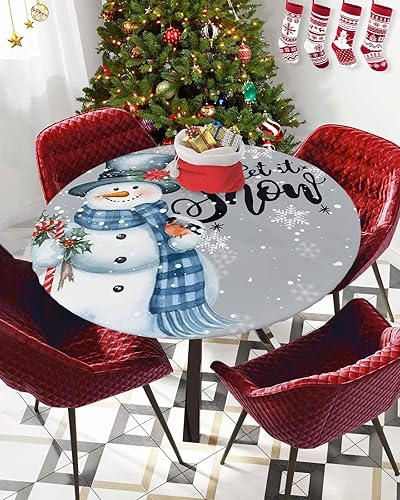 Miniatura 8 de Mantel redondo ajustable de Navidad para mesa redonda, mantel rojo floral de Navidad, mantel impermeable con borde elástico, mantel circular rojo de