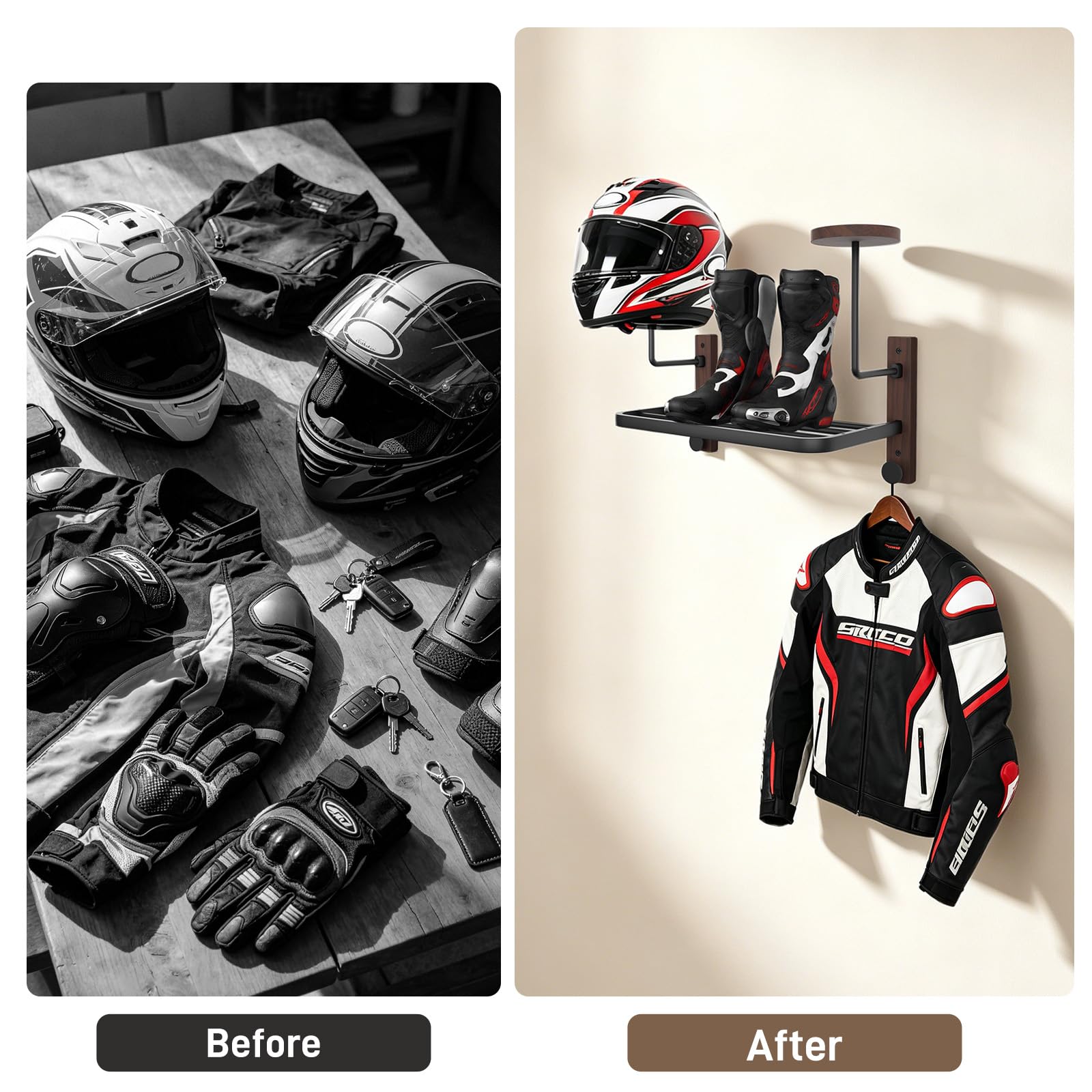 Support Casque Moto, Porte Casque Mural Avec Crochets et étagère pour Casquette et la Veste au Mur, Accessoires de Rangement en Bois Naturel et Acier pour Équipement Moto
