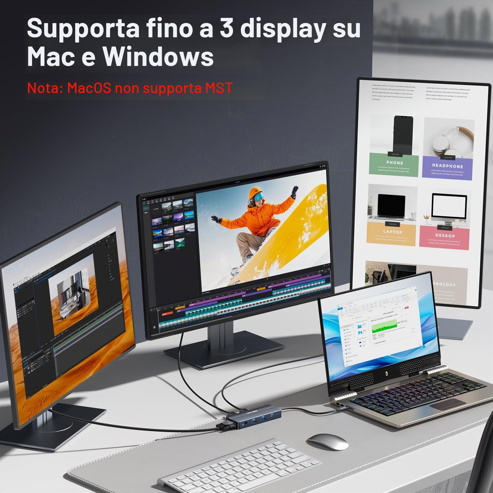 ACASIS Docking Station USB C Dual Monitors, Docking Station per laptop con doppia HDMI 4K@60HZ, 1 VGA 1080P@60HZ, 2 x 5G USBA, audio 3,5 mm, PD100W, hub USB-C 8 in 1 (Grigio scuro)