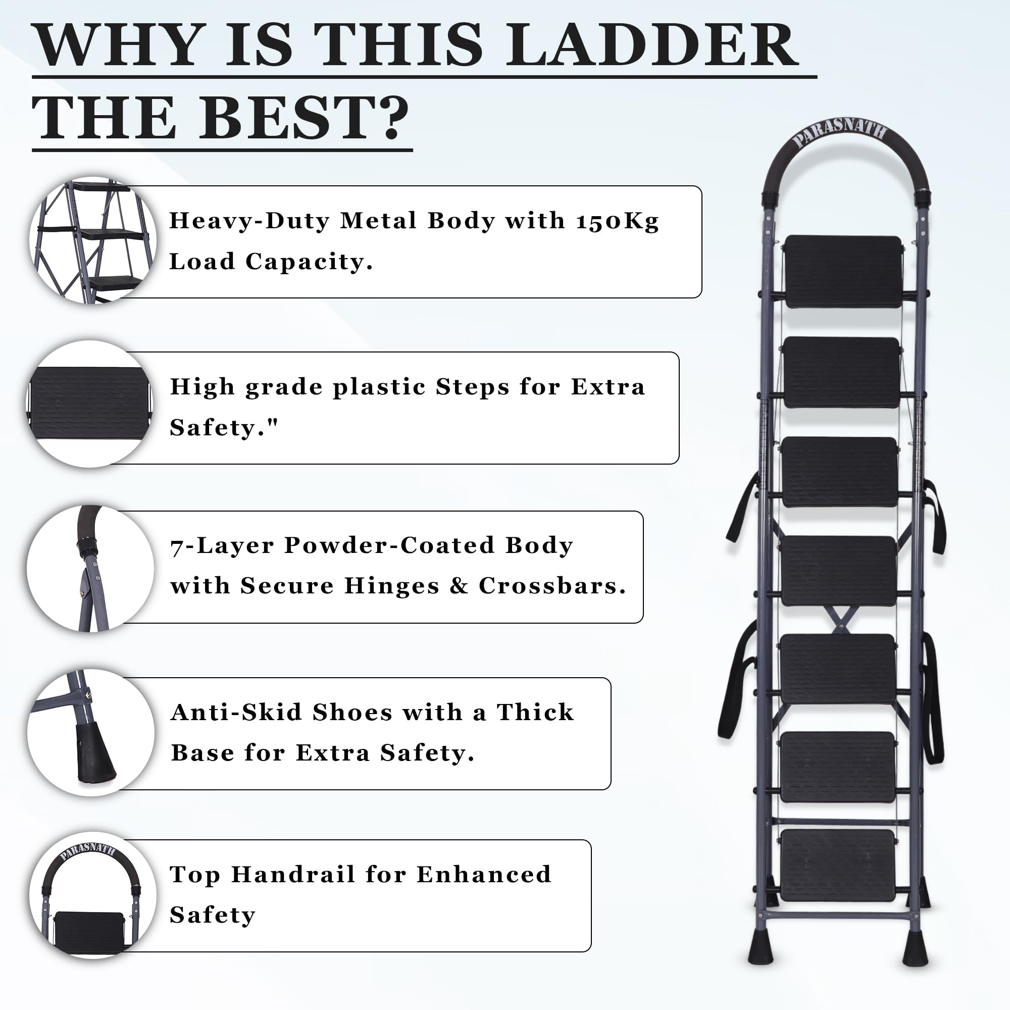 Parasnath 7-Step GoUp Steel Ladder Grey | Foldable Lightweight Step Ladder with Anti-Skid Plastic Steps | Durable and Safe | 6-Year Manufacturer Warranty | Made in India — Amazon image 3