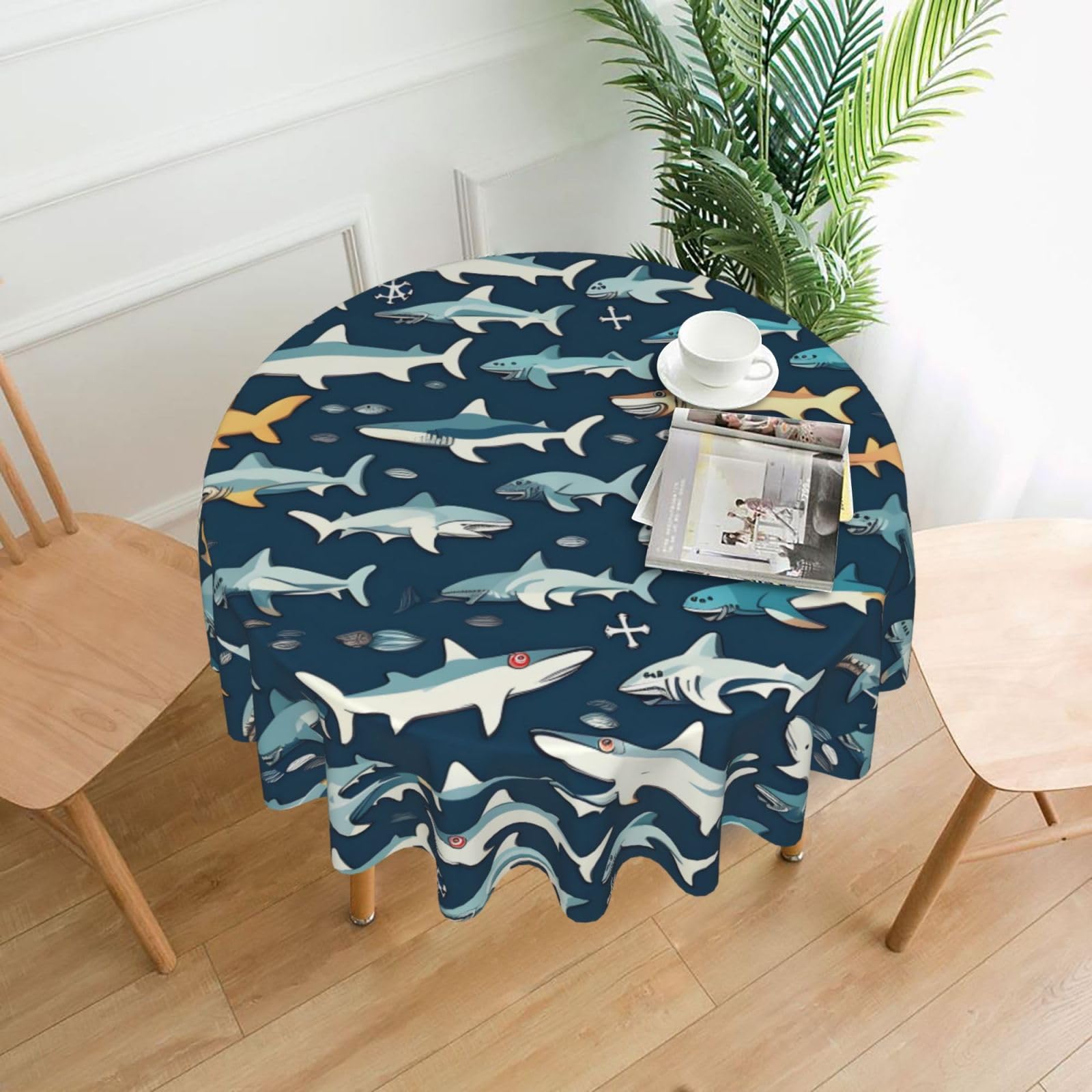 Nbtghga Sharks Nautical Print Tablecloth Round Border Table Cloth Cover Decorative For Party Holiday Dinning Tabletop Home