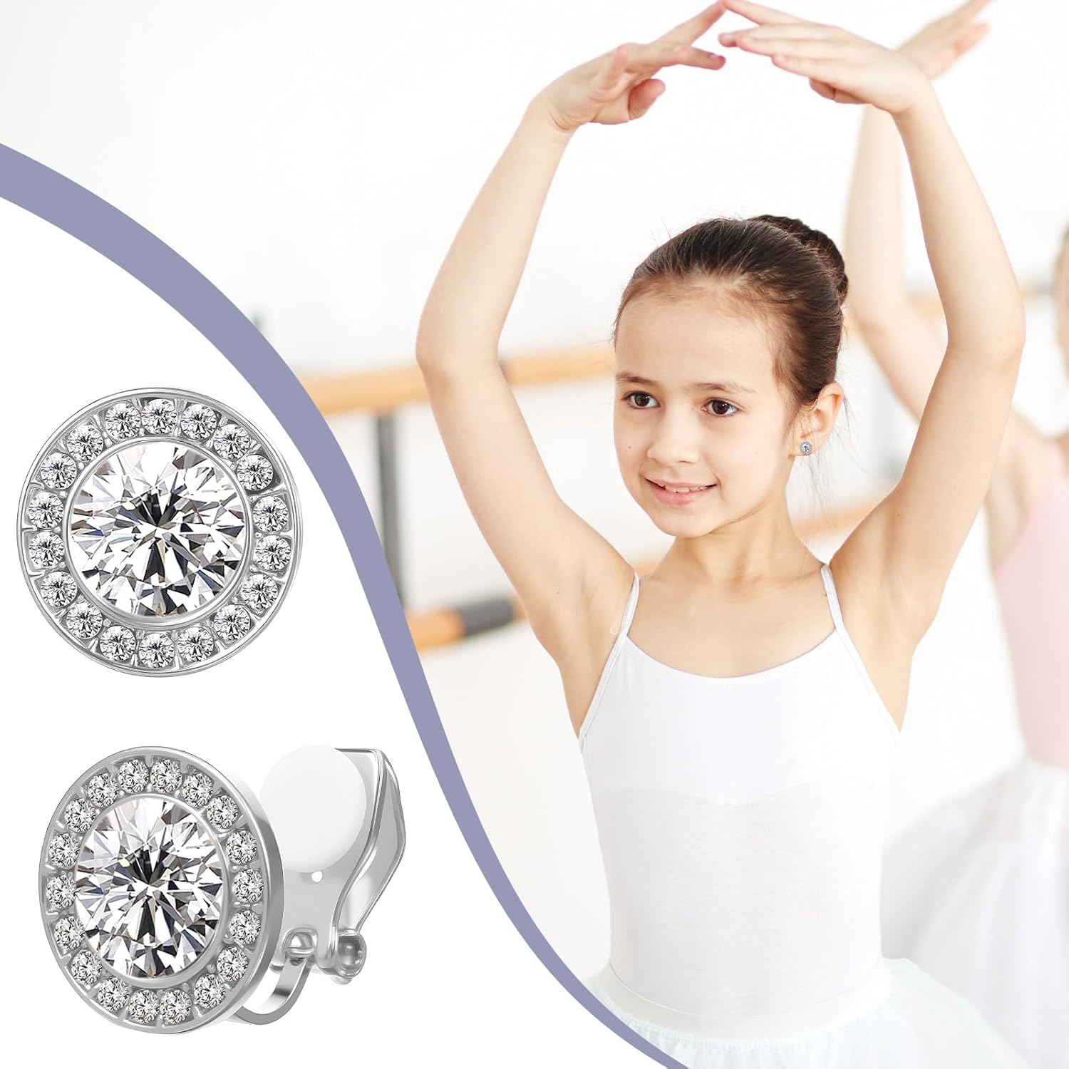 Sibba Cubic Zirconia Clip on Earrings Dance Earring Clip on Halo Earrings Round Acrylic Stone Inside Rhinestone Earring 2 Pairs Non Pierced Stud for Wedding Dance Competitions Opera Wedding Jewelry - Image 7