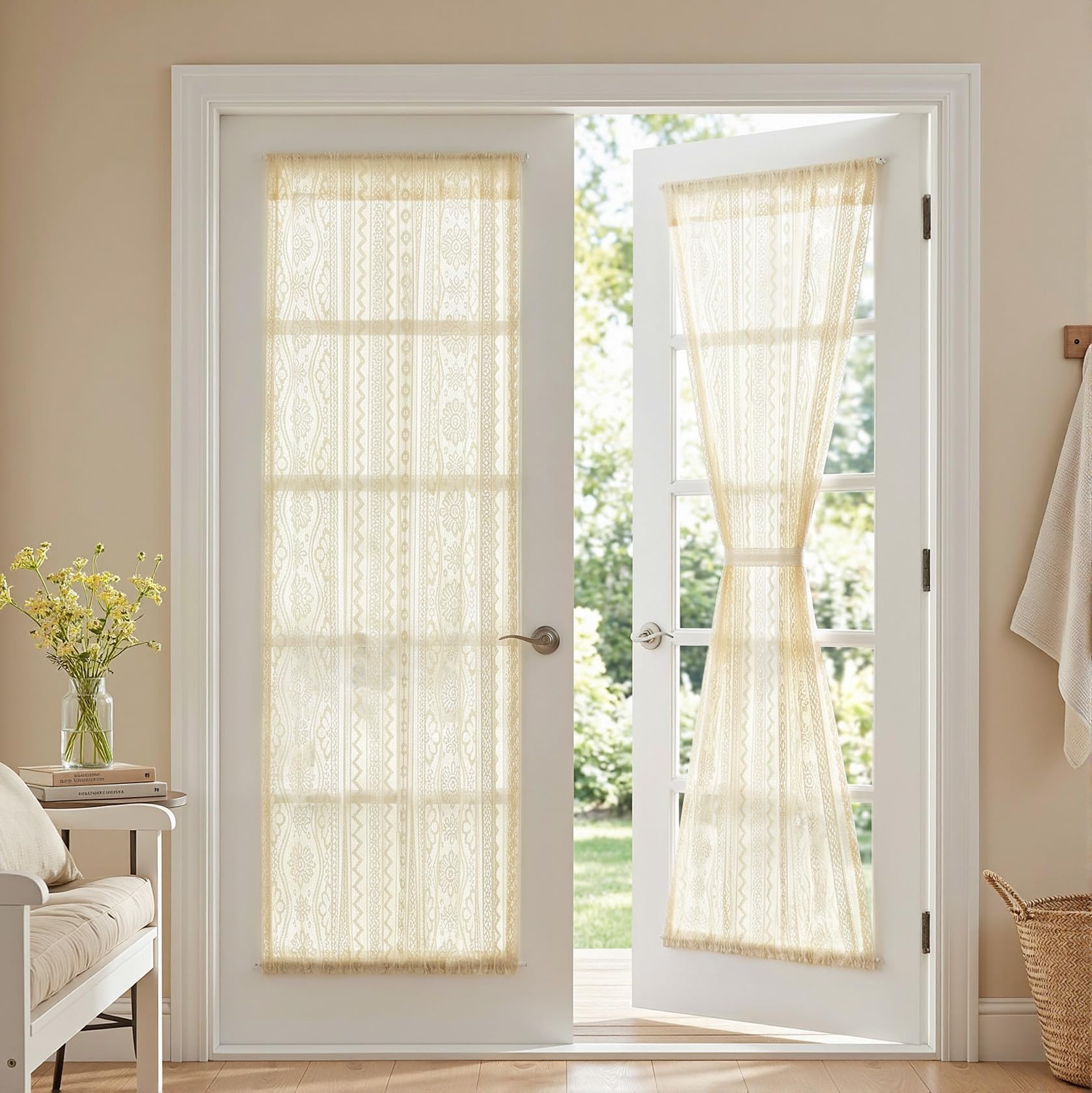 MYSKY HOME Beige Lace French Door Curtains 72 inch Long 2 Panels Boho Sheer Floral Curtains for Door Window Scalloped Doorway Sidelight Curtains Come with 2 Matching Tie-Backs, 26" Wide Each Panel