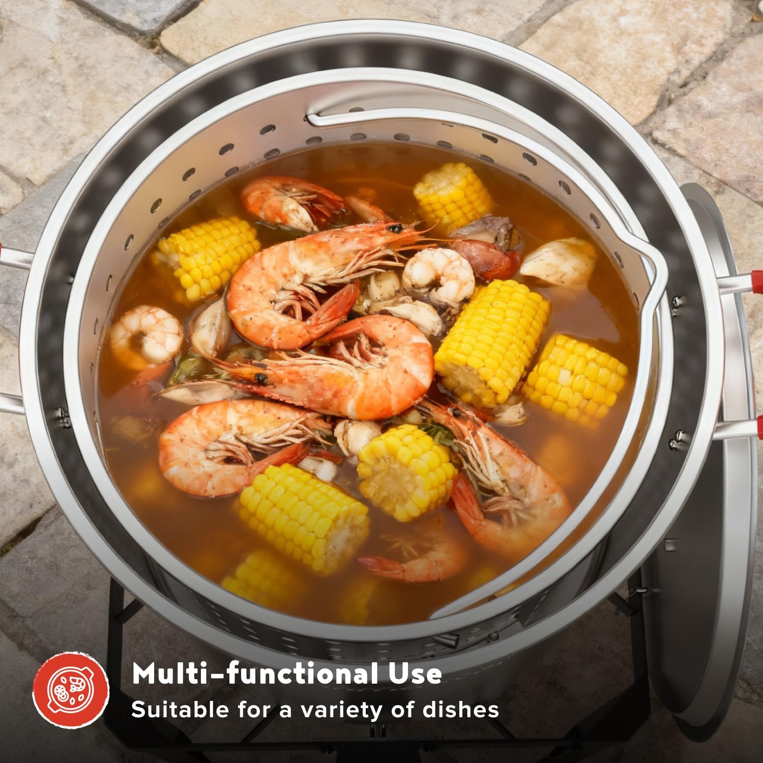 Megamaster Turkey Fryer Pot with Basket, 30 Qt Aluminum Seafood Boil Pot with Lid and Silicon Handles, Premium Deep Fryer Pot for Turkey, Seafood, Crawfish, Crab, Fish - 630-13005