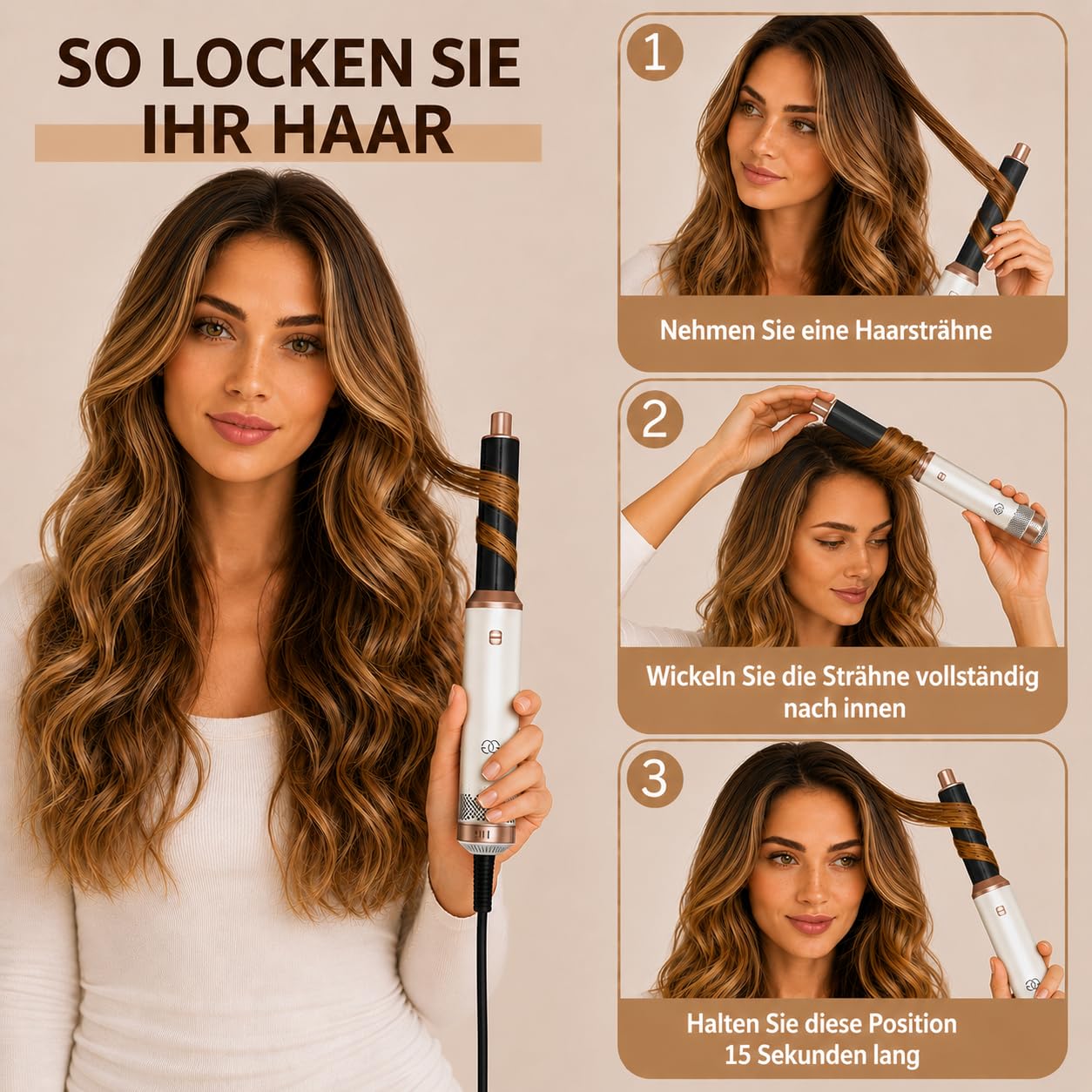 Airstyler 5-in-1, Multifunktionaler Hairstyler Set mit Warmluftbürste, Ionen Föhn, Professioneller Haar styler, Lockenstab Automatisch, Volumen Föhnbürste, Glätten und Locken, Zum Styling