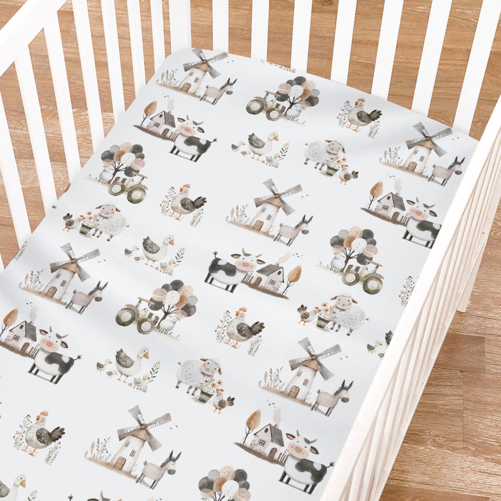 Boho Farm Animals Fitted Baby Crib Sheets Boy Girl 52"x28" Cow Chicken Duck Lamb Donkey Barn Windmill Flower Crib Mattress Cover Spring Farm Life Soft Baby Sheet for Standard Crib and Toddler Mattress