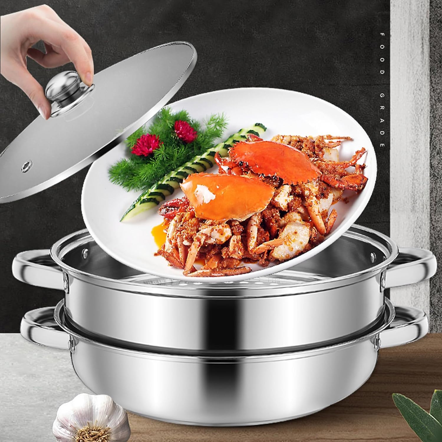 ZENFUN 2.1L Steamer Pot with Steamer Insert, 2 Tier Stack and Steam Pot Set with Glass Lid, Stainless Steel Saucepot Double Boiler Steaming Cookware for Kitcken Cooking, Double Handle, 28CM