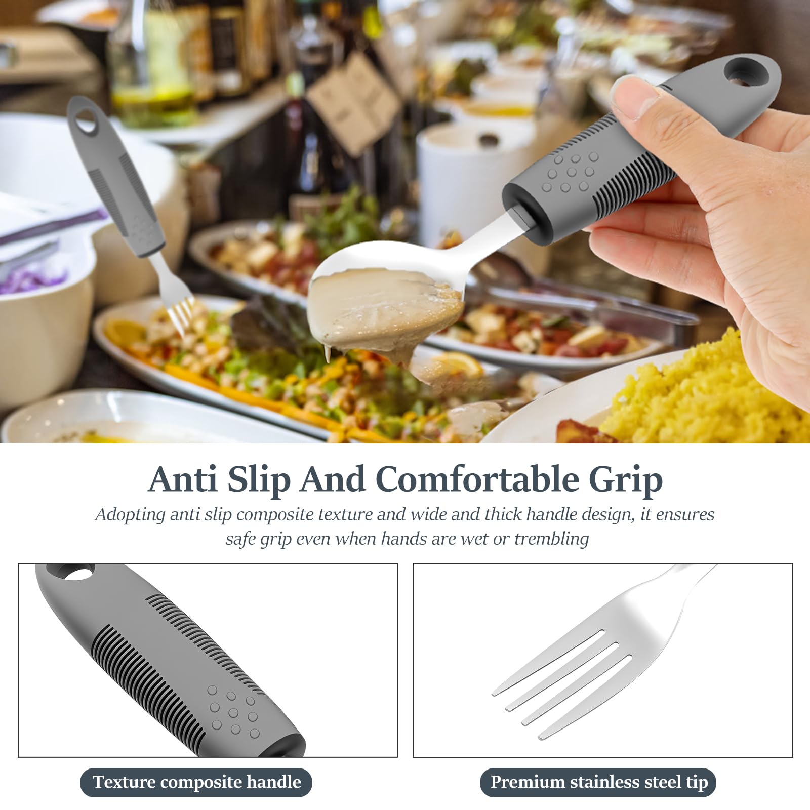 4 utensilios adaptativos de acero inoxidable construidos para adultos, juego completo de utensilios con peso, antideslizantes, de fácil agarre, para ancianos y personas con manos temblorosas