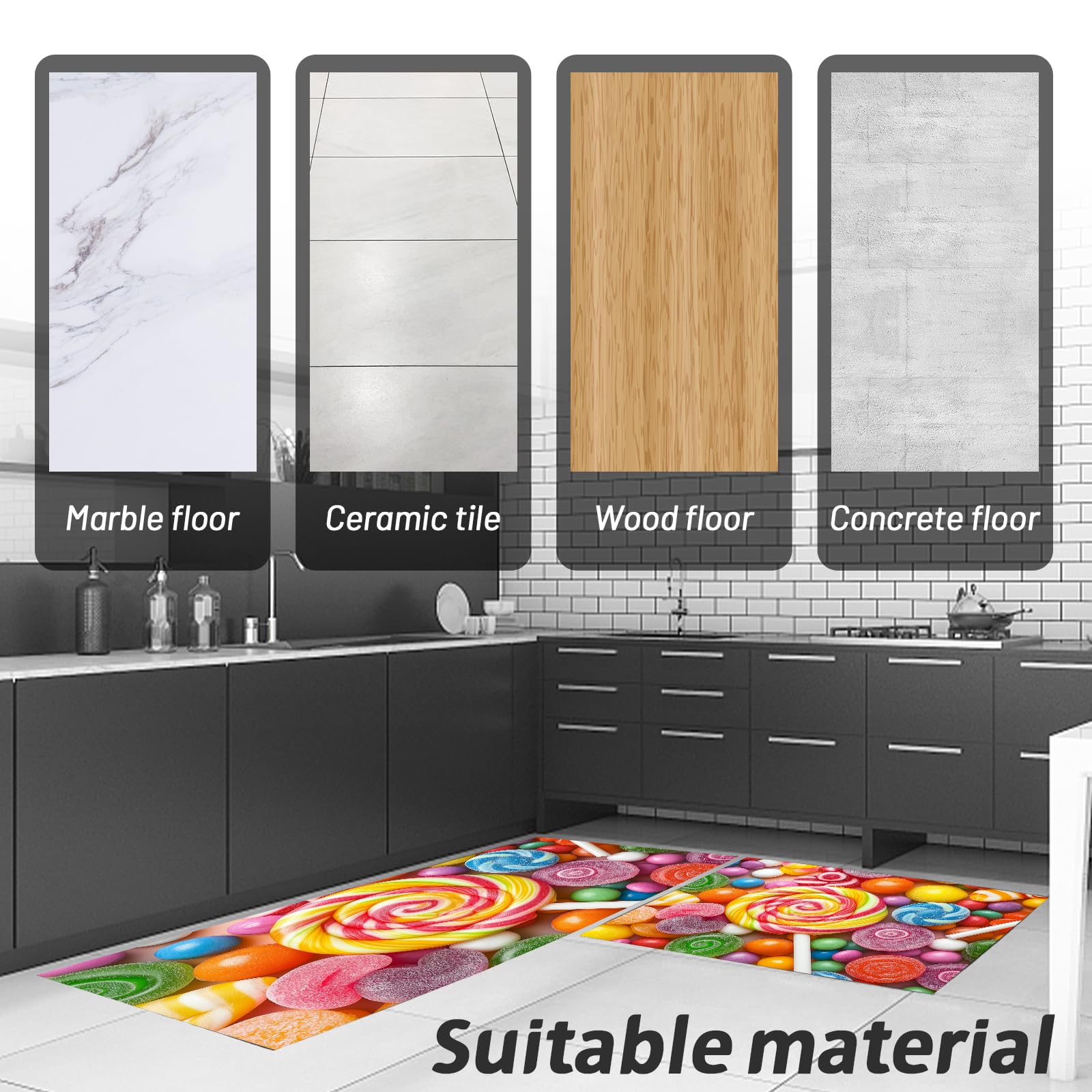 Alfombra de Cocina piruleta de Caramelo 2 Piezas, Alfombrillas de Cocina Lavables para Suelo, Suaves Alfombrillas de Cocinas Antideslizantes para Lavadero
