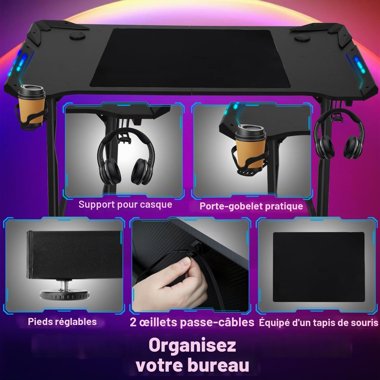 Bureau Gaming LED 140 x 60cm, Grande Bureau Gamer avec Un Plateau en Fibre de Carbone, Bureau Informatique Ergonomique avec Tapis de Souris, Porte-gobelet et Crochet pour Casque, Noir