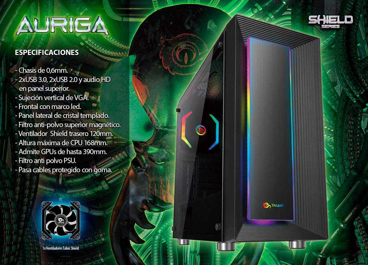 TALIUS Auriga. Caja Gaming Negra. Caja PC Gamer Incluye 1 Ventilador ARGB, Pc de Juego de Torre ATX de crital Templado.