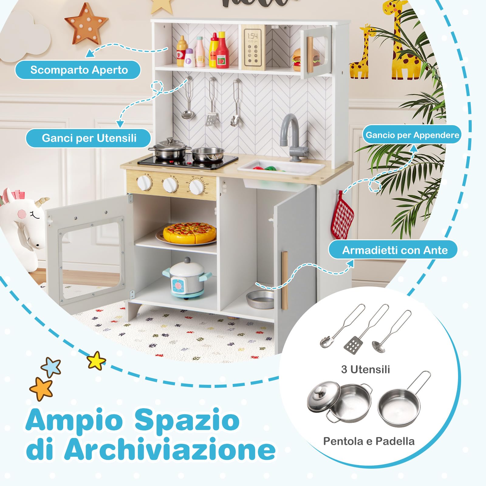 RELAX4LIFE Cucina Giocattolo per Bambini, Mini Cucina in Legno con Luci e Suoni Reali, Utensili da Cucina, Set Giocattoli per Bambini 3+ Anni, 31 x 55 x 75 cm