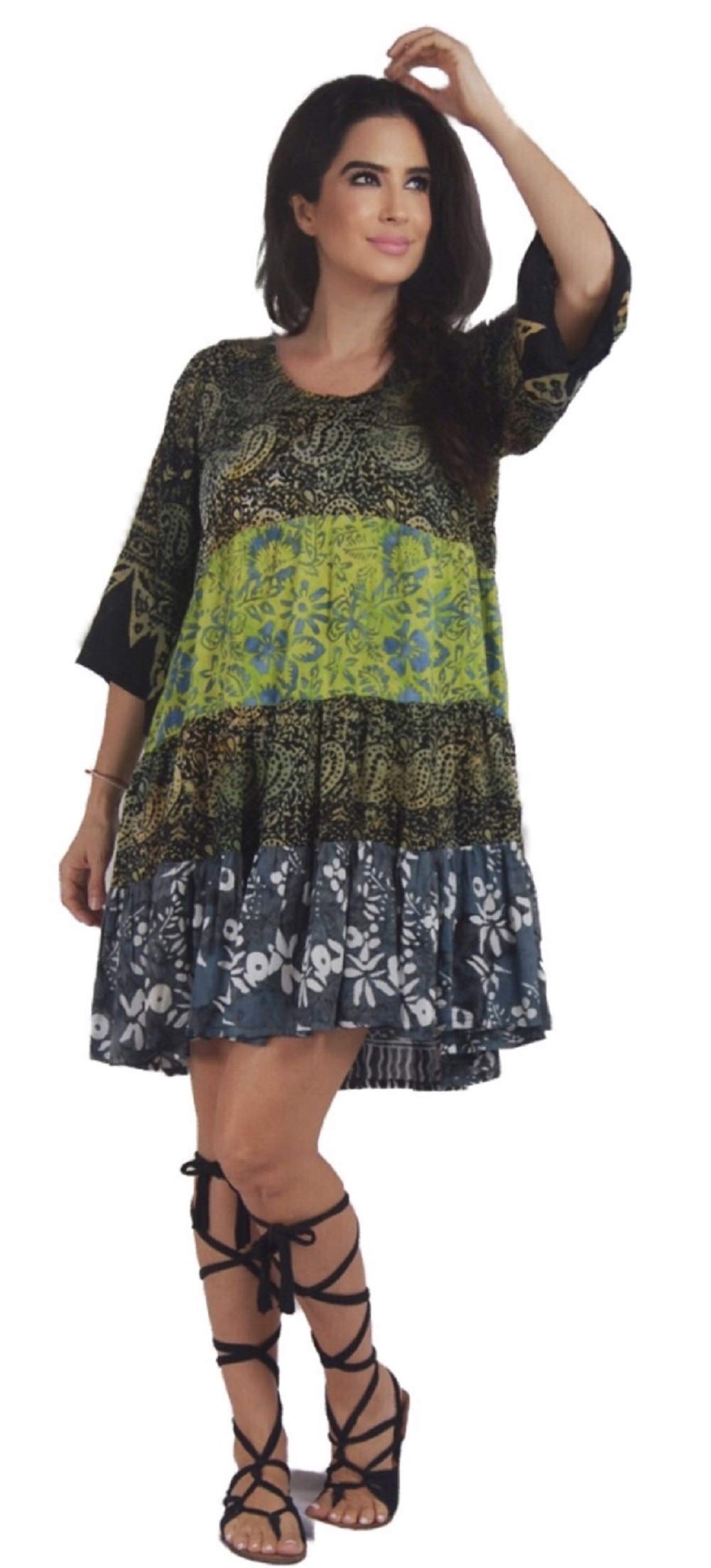 Women's Boho Mini Short Dress Gauzy Rayon Batik Combination W943