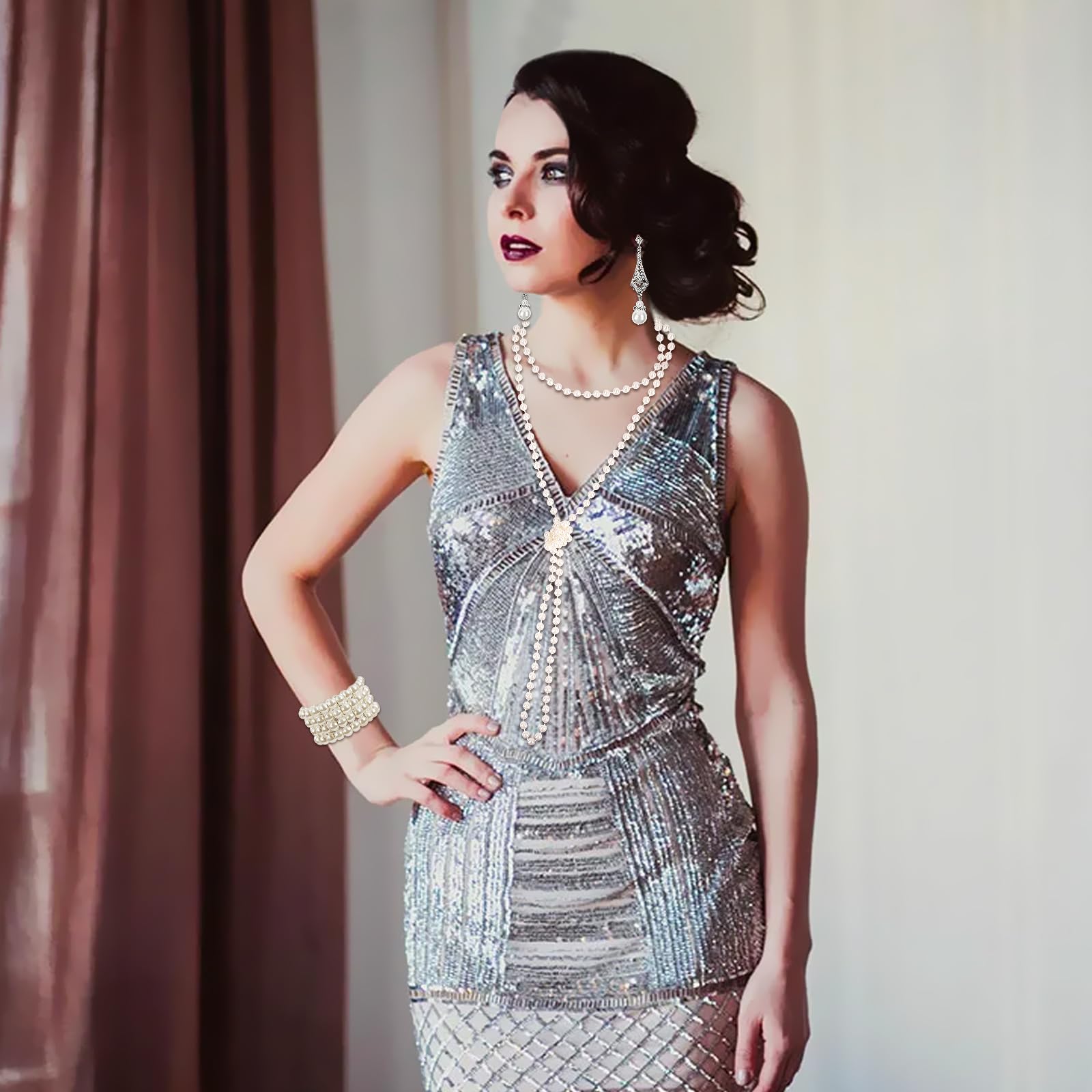 1920s Pearl Jewelry Set - Long Pearl Necklace, Earring Set, Multilayer Bracelet - Flapper Accessories for Women