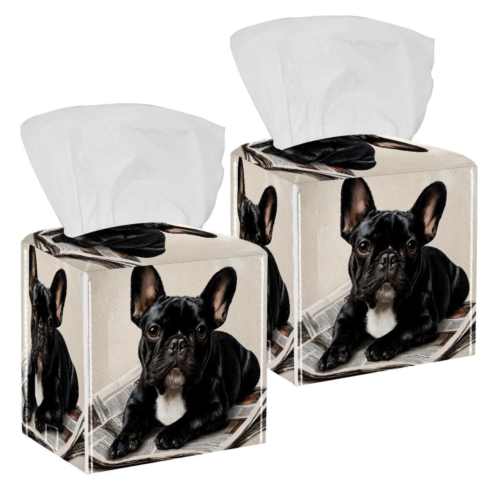 French Bulldog Tissue Box Cover, 2 Pack PU Leather Square Facial Tissue Dispenser Box holder for Home Office Car
