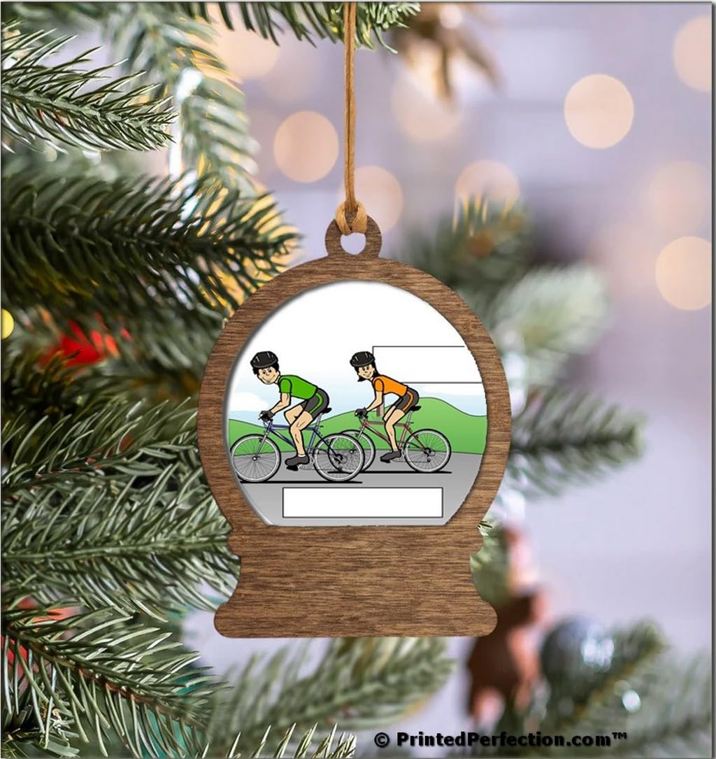 PrintedPerfection.com Personalized Cyclist Couple Wooden Snow Globe Shaped Christmas Ornament