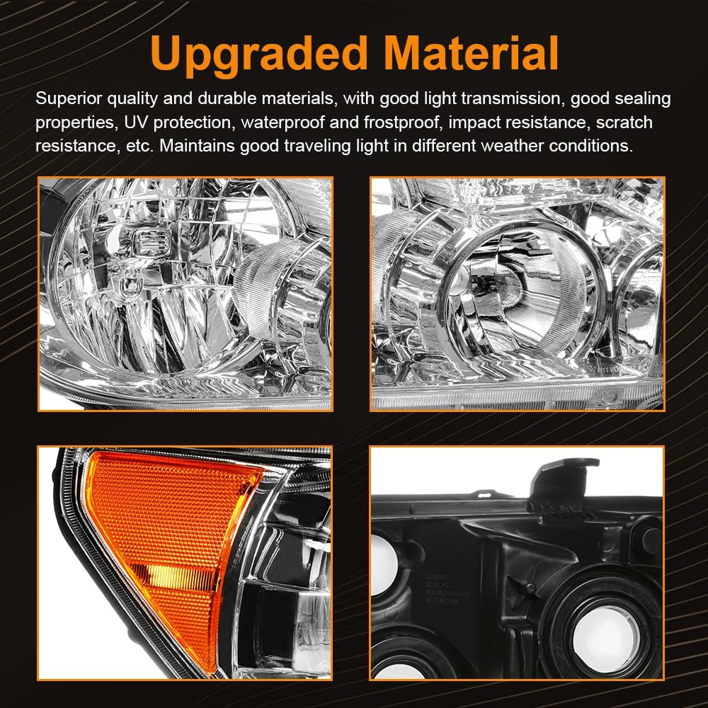 Headlight Assembly, Headlights Kit Compatible with 2007-2013 Toyota Tundra/2008-2017 Sequoia Replacement Headlamp Chrome Housing Amber Reflector