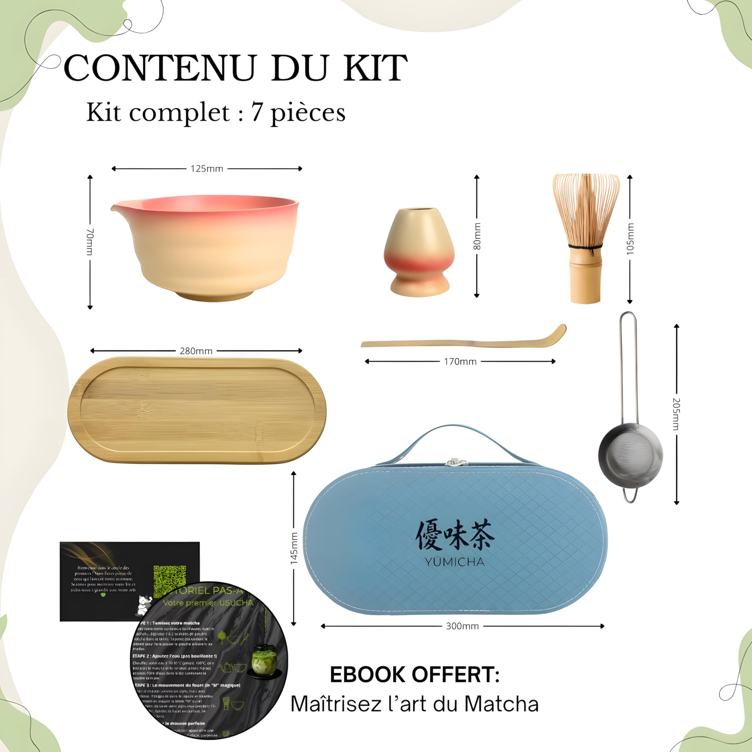 YŪMICHA KIT Matcha Japonais 7 Pièces - Coffret Cérémonie avec Mallette de Transport & Plateau en Bois - Thé Matcha – Fouet (Chasen) Bol en Céramique (Chawan), Set Matcha – Idée Cadeau Premium