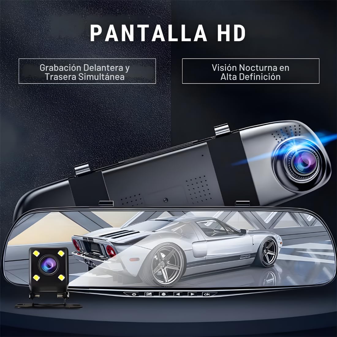 Espejo Retrovisor con Doble Cámara 1080P HD, Visión Nocturna, Grabación Automática Delantera y Trasera, Fácil Instalación Universal para Coche
