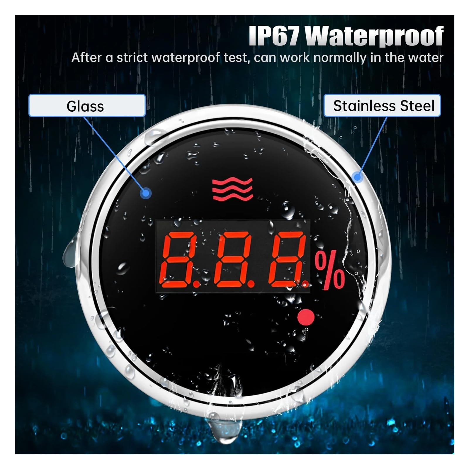 Jauge de niveau d'eau numérique rétro-éclairé rouge 0-100%, avec alarme 0-190ohm,240-33ohm, indicateur de réservoir d'eau 52mm Lectures claires(0-190 ohm BS)