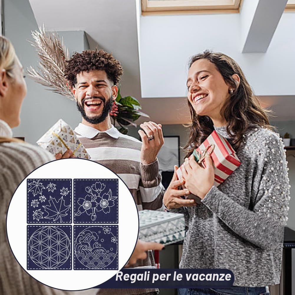 FREEBLOSS 4 Set Sottobicchieri Sashiko Kit fai da te con istruzioni Kit Sashiko per principianti Progetto pratico di Sashiko Kit per il ricamo dell'acero Sottobicchiere di stoffa stampato Sashiko