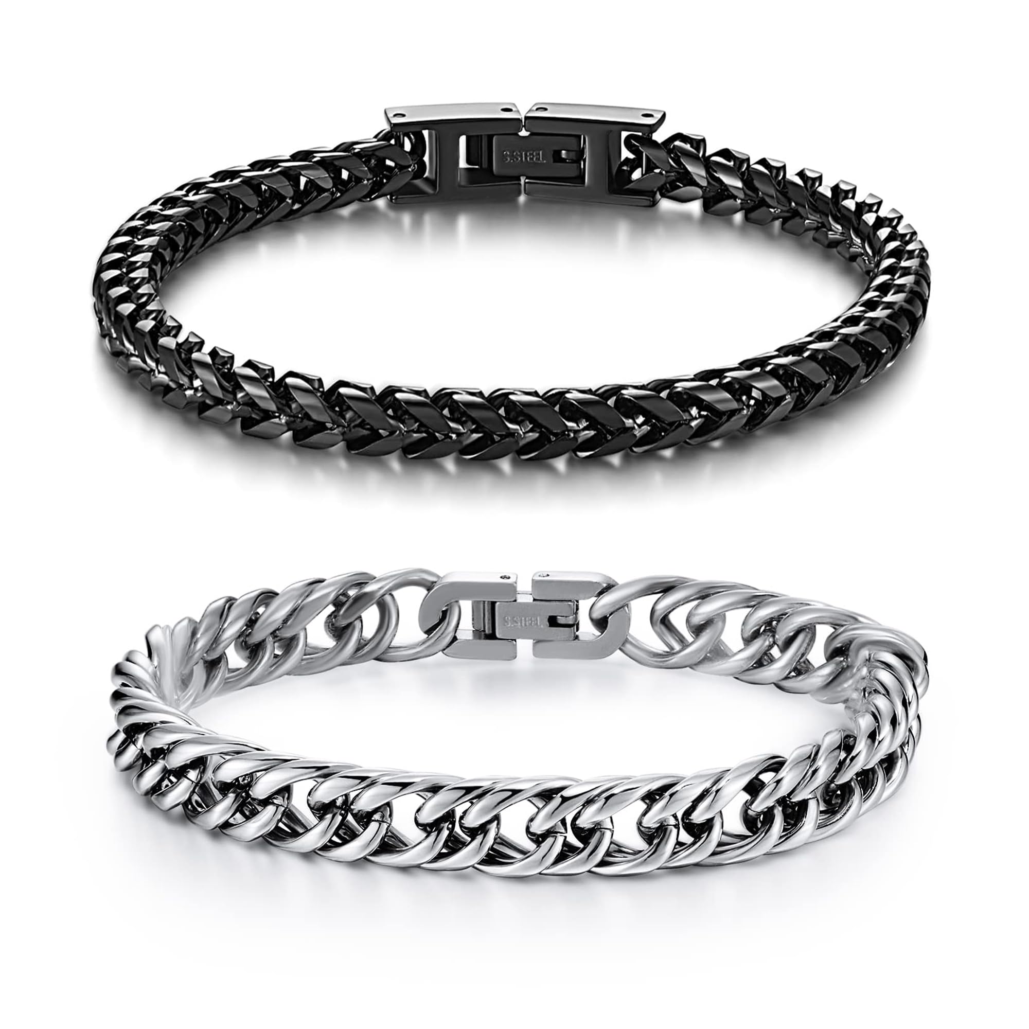 LUCKY2+72PCS Stainless Steel Bracelets for Men: Fold Over Clasp Franco Chain & Cuban Chain - Ideal Gifts for Dad, Grandpa, Boyfriend, Husband, Son, Brother