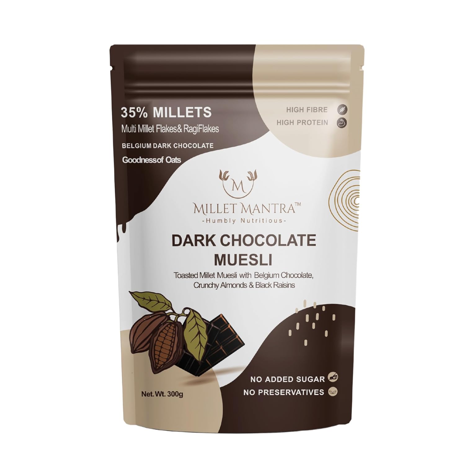 Chocolate Muesli 300 gm High Protein Breakfast by MILLET MANTRA | Sugar Free Muesli with Belgium Chocolate, Almonds & Black Raisins | Rich Breakfast Cereals