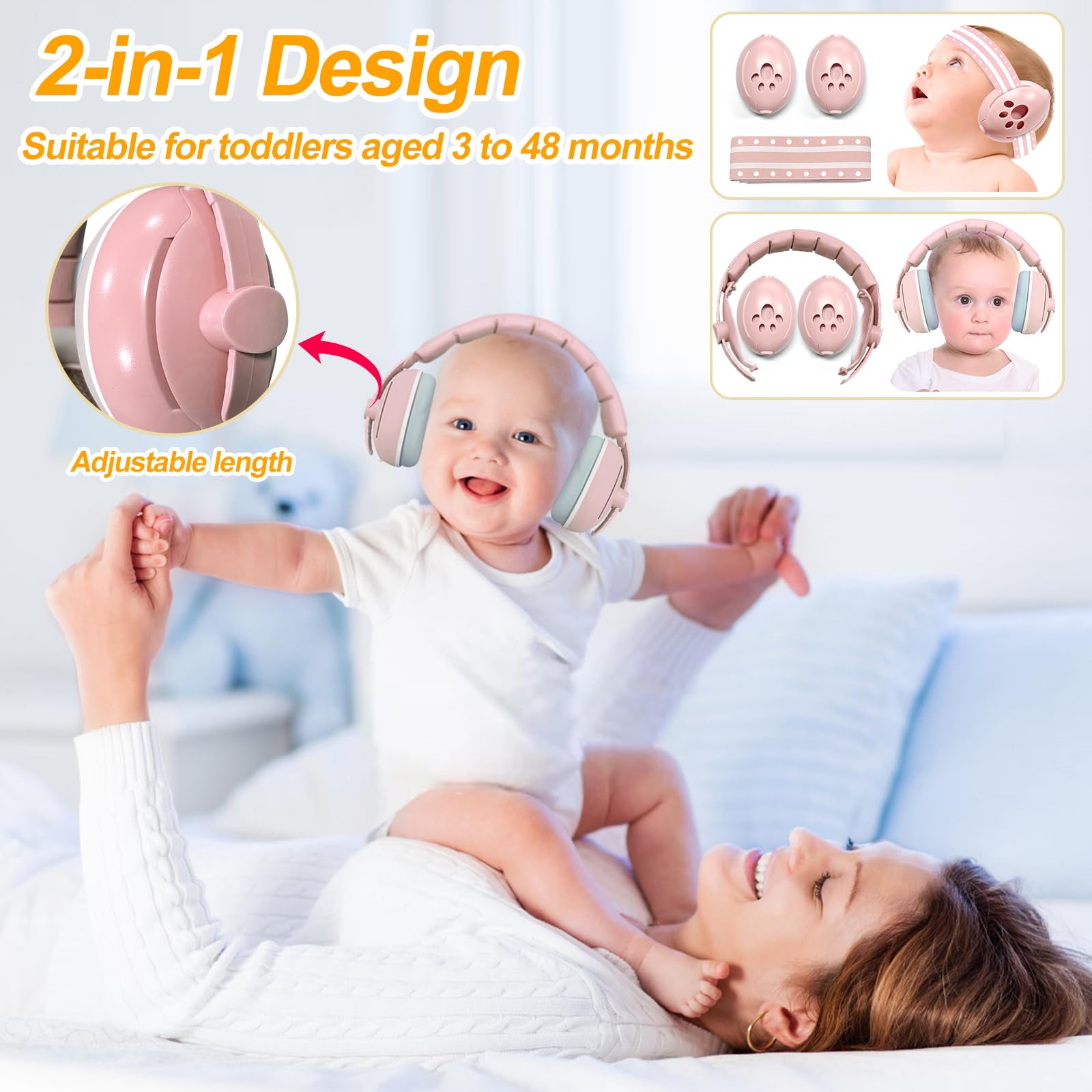 BITOWO 2 in 1 Newborn Baby Ear Defenders 0-3 3-6 6-12 12-18 Months Age 2 3 4 Toddler Kids Children for Plane Flying Noise Cancelling Toddler Baby Headphones Ear Muffs for Noise Airplane Travel Pink - Image 2