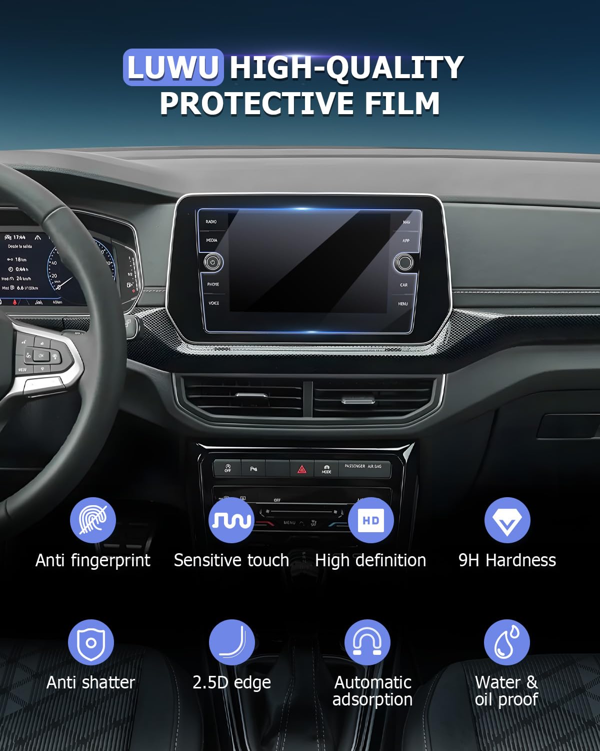 Pellicola Protettiva Vetro Temperato 9H 8 Pollici per VW T-Cross 2019-2025 Antigraffio