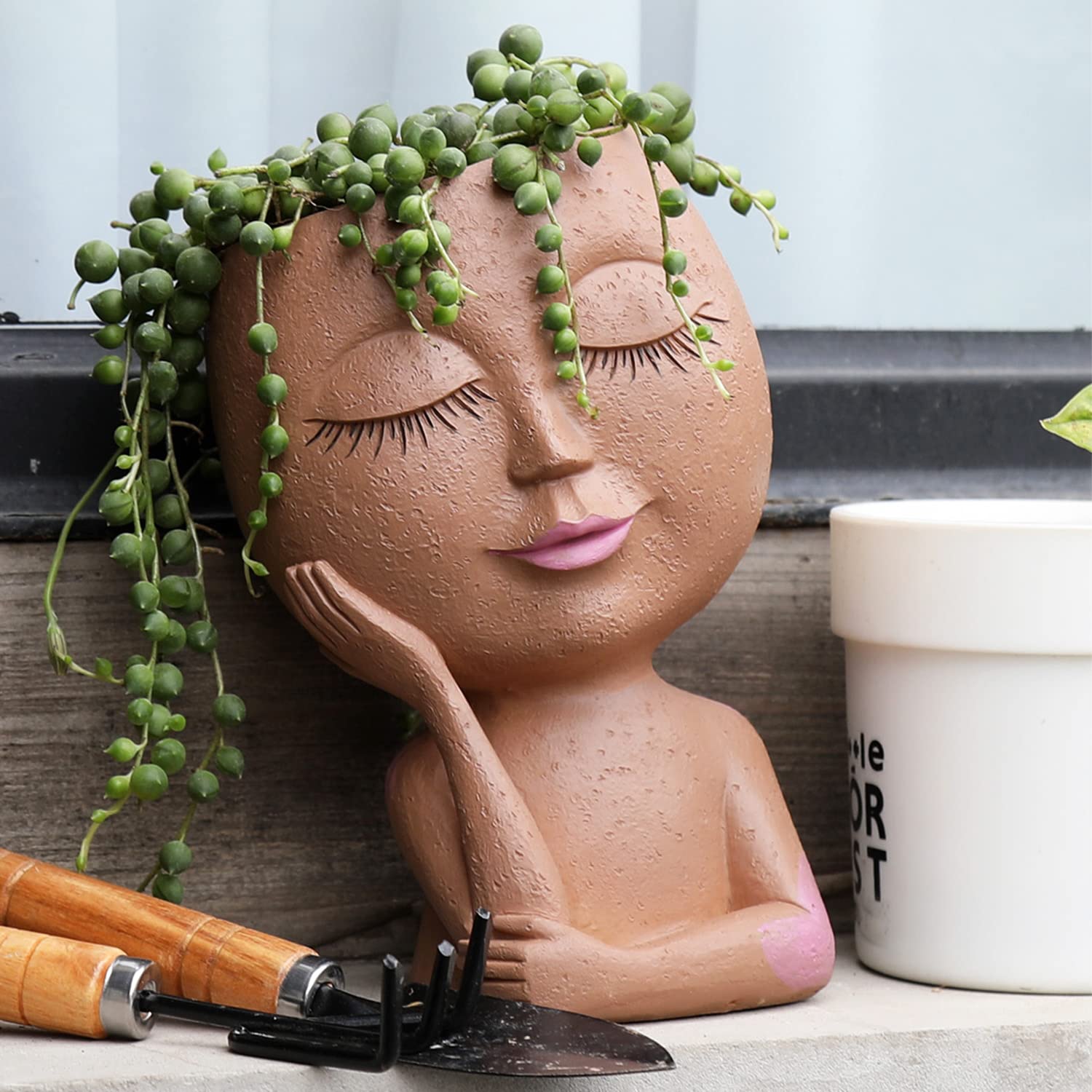 E-YiHESZ Smily - Maceta De Resina Con Cabeza De Flor Para Interiores Y Exteriores, única Silla Para Suculentas, Idea De Regalo Para Madre, Padre Y Agradecimiento, Navidad, Con Orificio De Drenaje